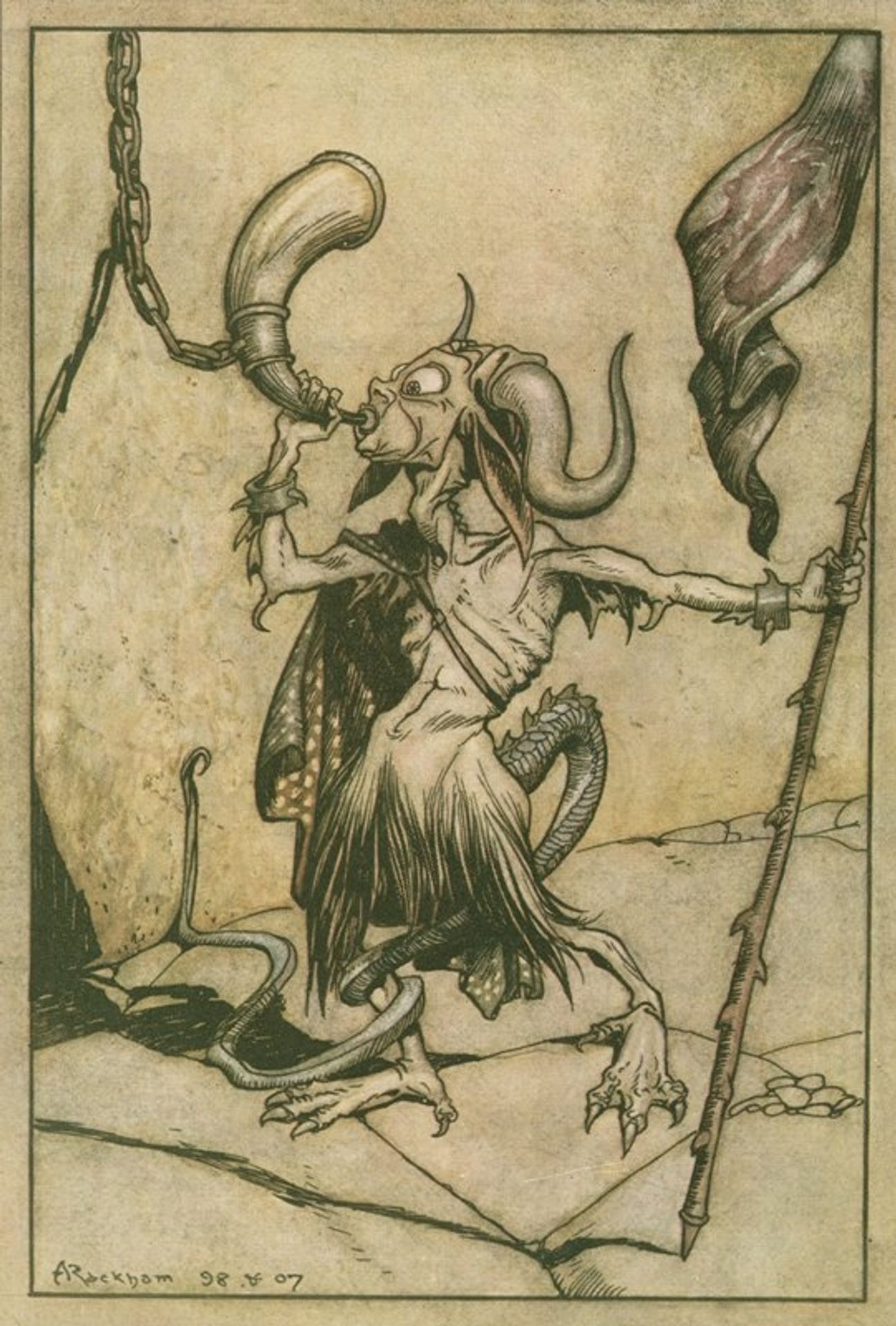 The horn, at the gate of the Barbican tower, was blown with a loud twenty-trumpeter power. by Arthur Rackham