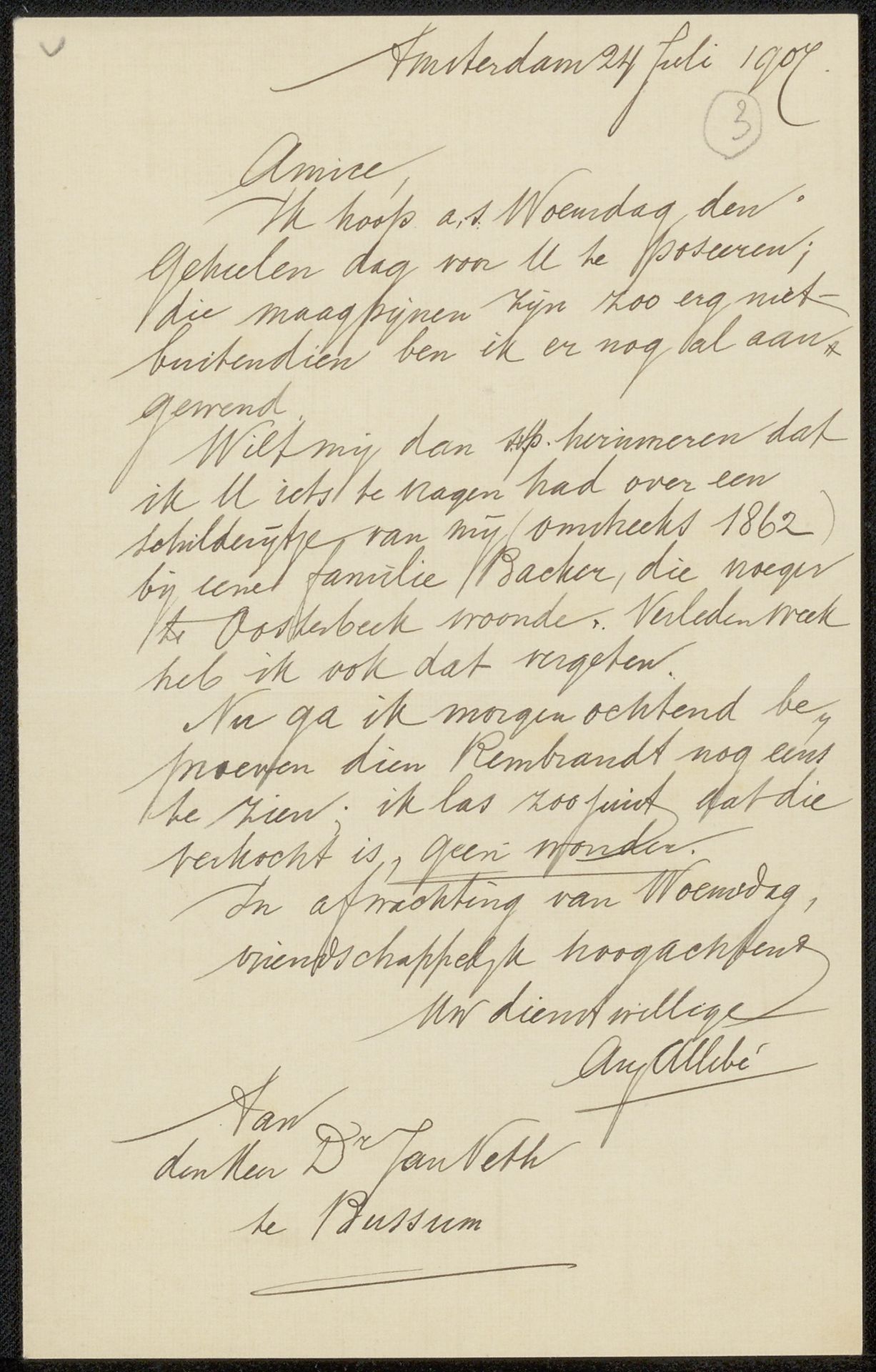 Brief aan Jan Veth by August Allebé