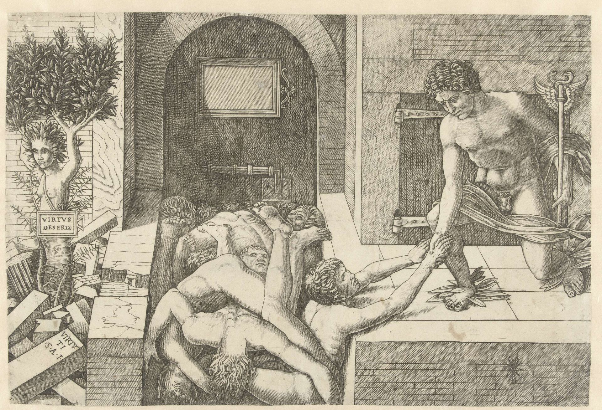 Mercurius als personificatie van Deugd redt zielen bij voorgeborchte en Daphne verandert in boom by Andrea Mantegna