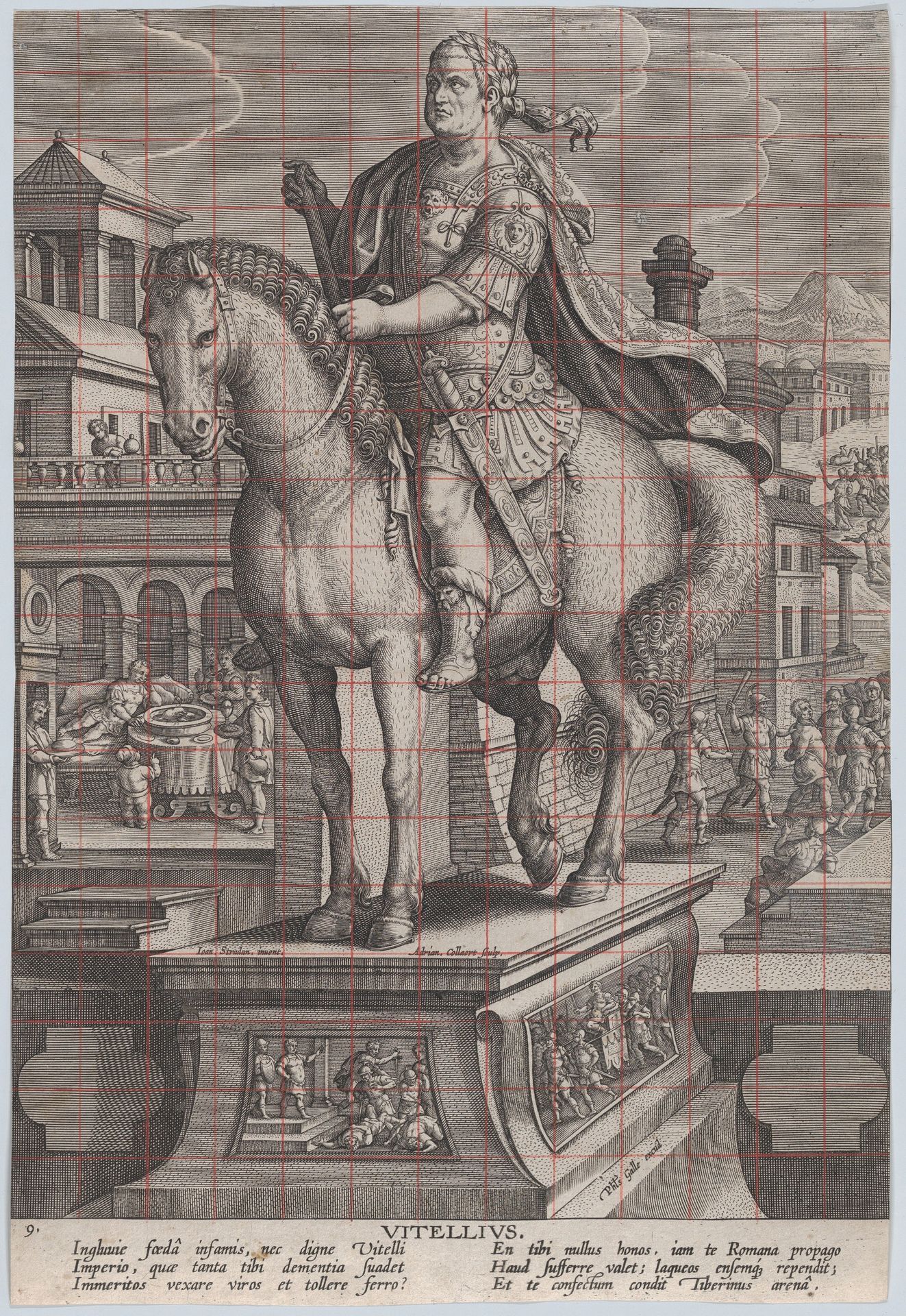 Plate 9: equestrian statue of Vitellius, seen three-quarters to the left, with his death scene in the background at right, his body being thrown into the Tiber at upper right, from 'Roman Emperors on Horseback' by Adriaen Collaert