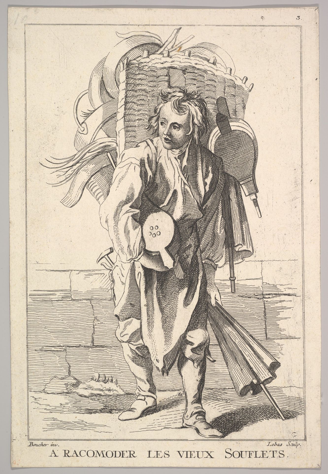 Reverse copy of A Racomoder les Vieux Souflets (Mend the Old Bellows), from Le Cris de Paris (The Cries of Paris), plate 3 by Jacques Philippe Le Bas