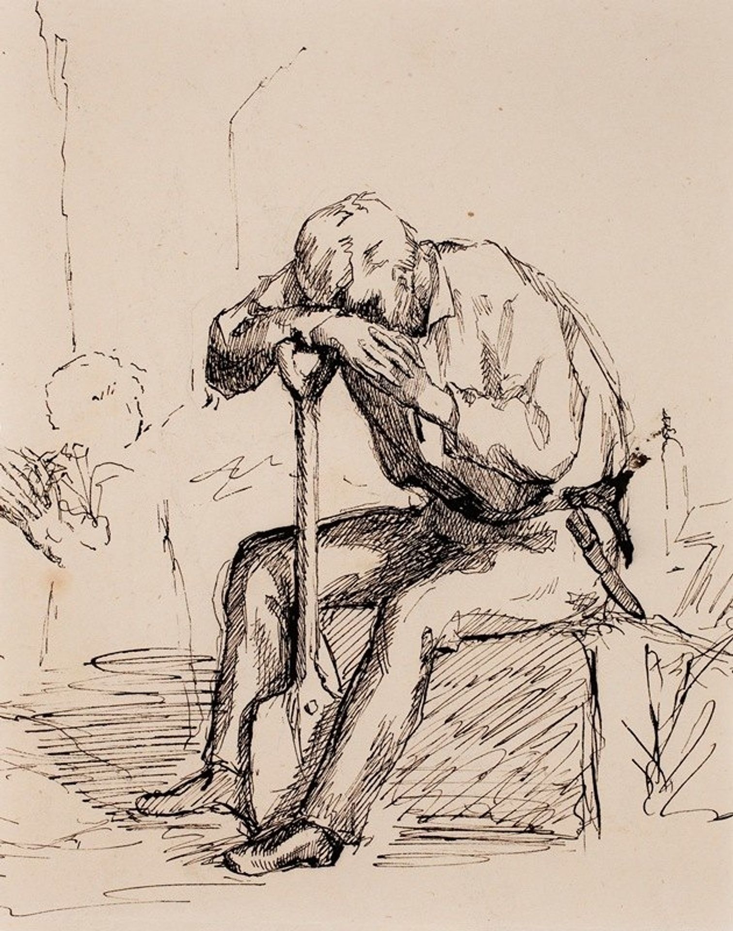Istuva, lapioonsa nojaava mies, luonnos by Helene Schjerfbeck