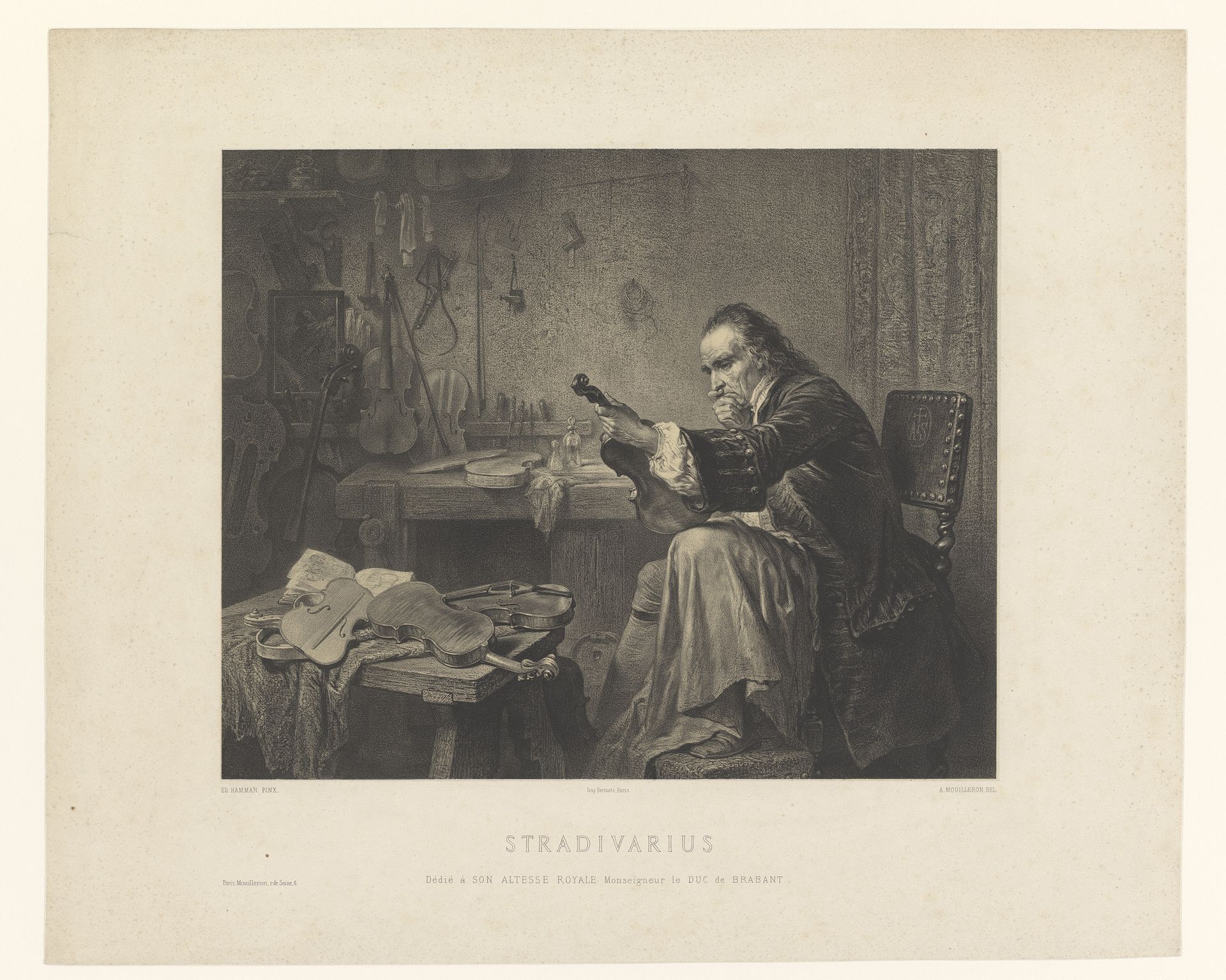 Antonio Stradivari in zijn atelier by Adolphe Mouilleron