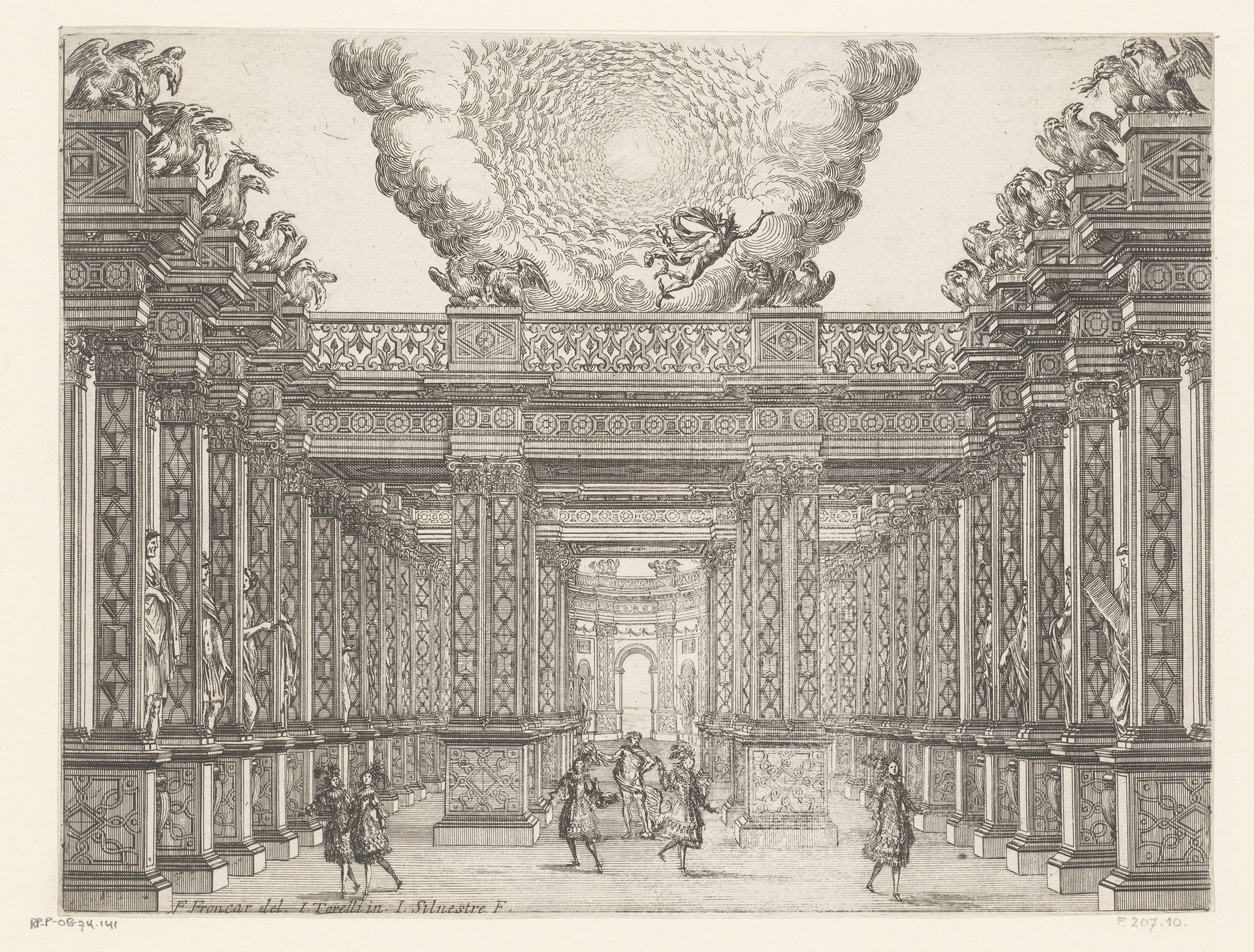 Toneeldecor met figuren in een zuilengalerij met daarop adelaars, in de lucht erboven een wolkentunnel by Israel Silvestre
