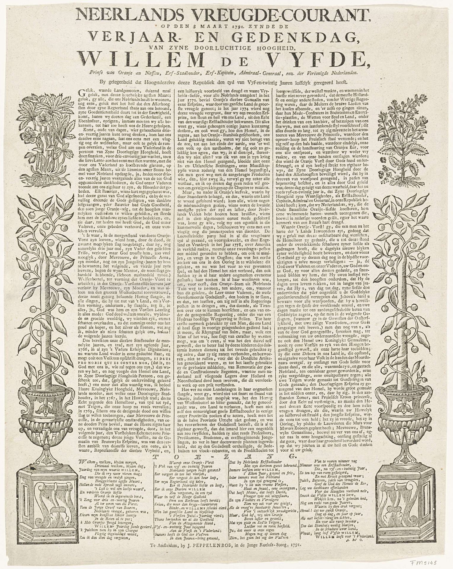 Vreugdecourant bij 25-jarig regeringsjubileum van Willem V, 1791 by J. Peppelenbos