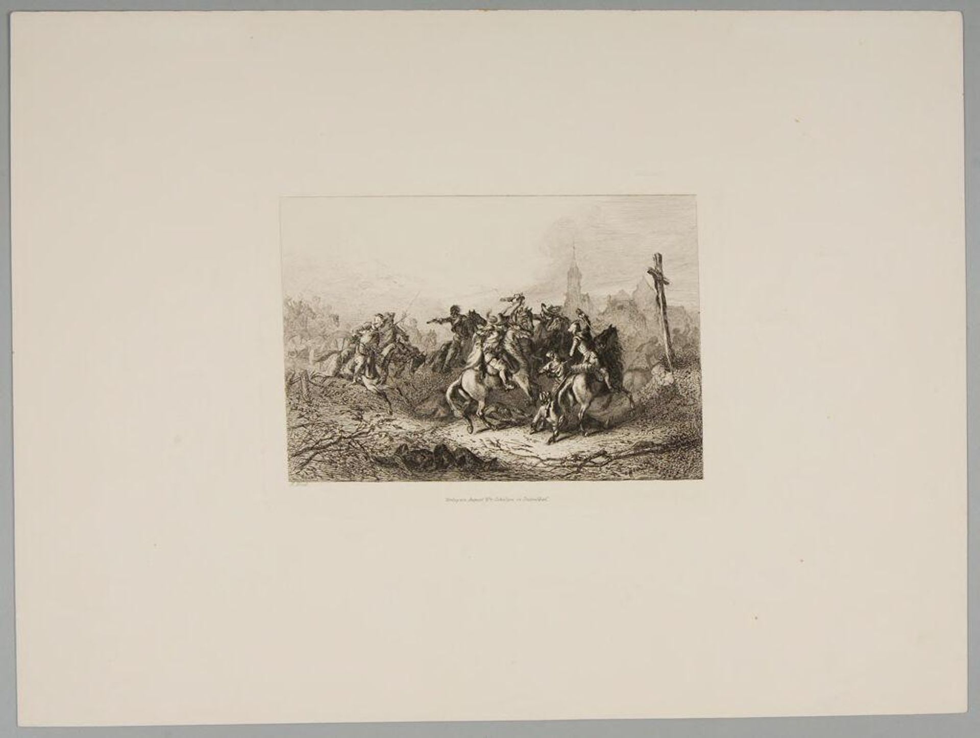 Soldiers Fighting with Swords on Horseback, Church in the Distance by August Beck