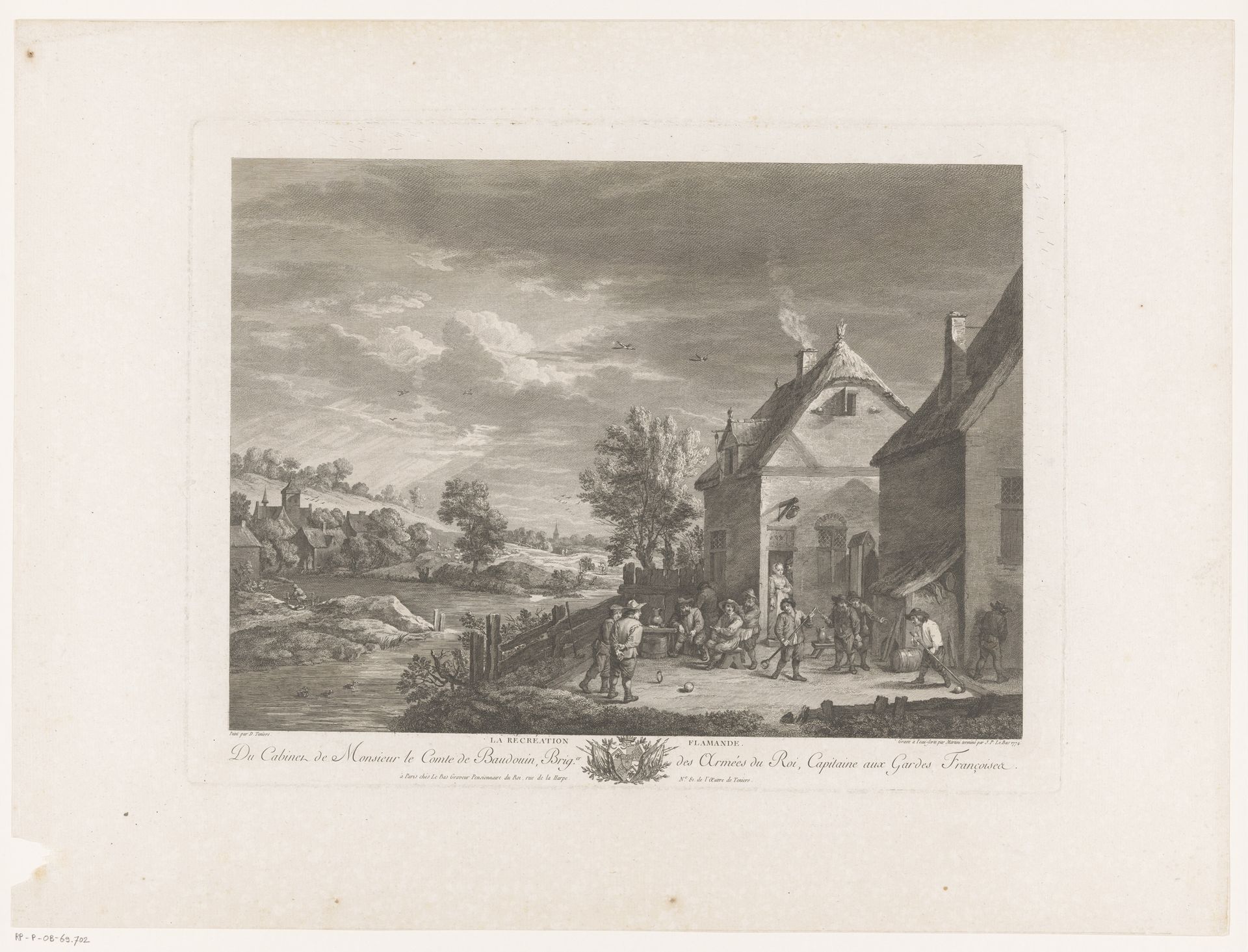 Landschap met balspelers en overige figuren voor een herberg by Pietro Antonio Martini
