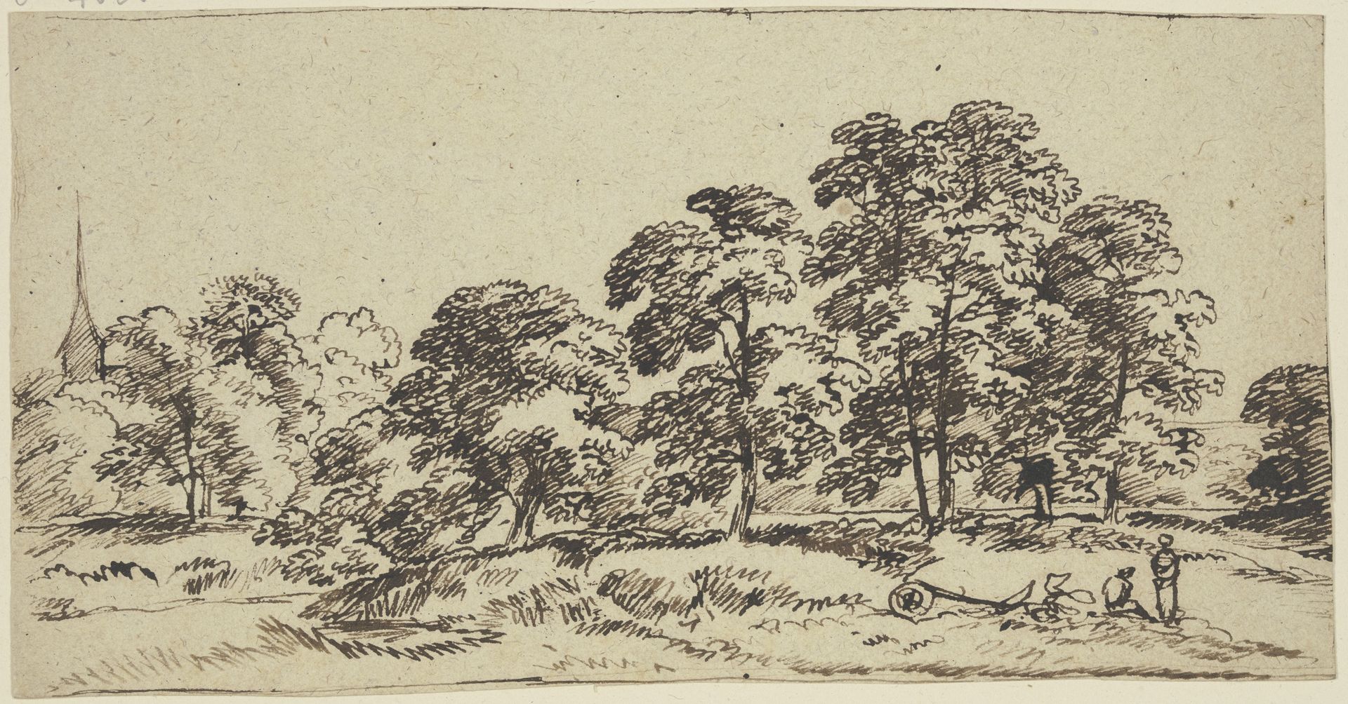 Baumgruppe, links ein Kirchturm by Franz Kobell