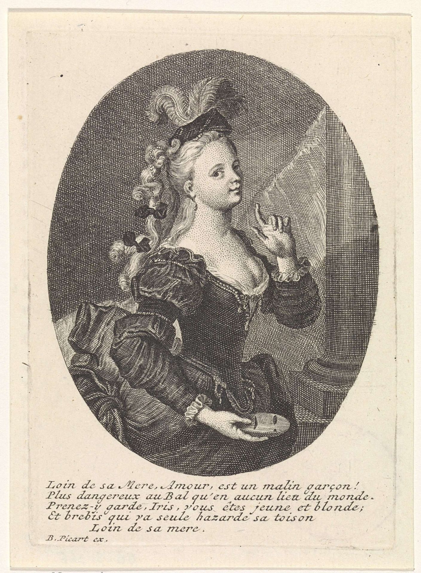 Een jonge vrouw met masker in de hand by Bernard Picart