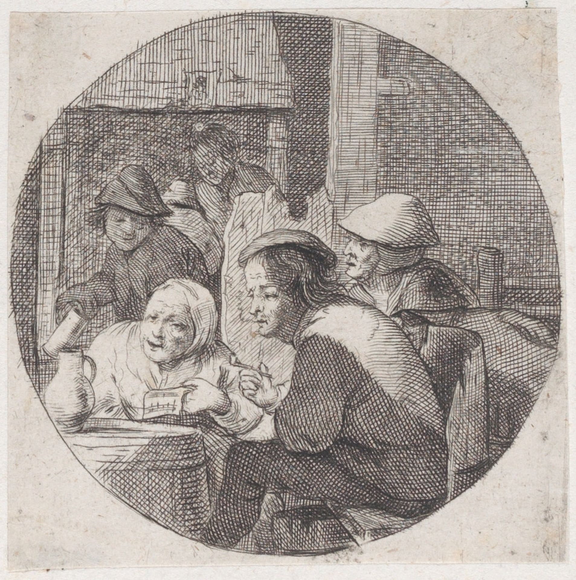 Rustic interior with an old woman holding music and singing in the foreground by Jacques Dassonville