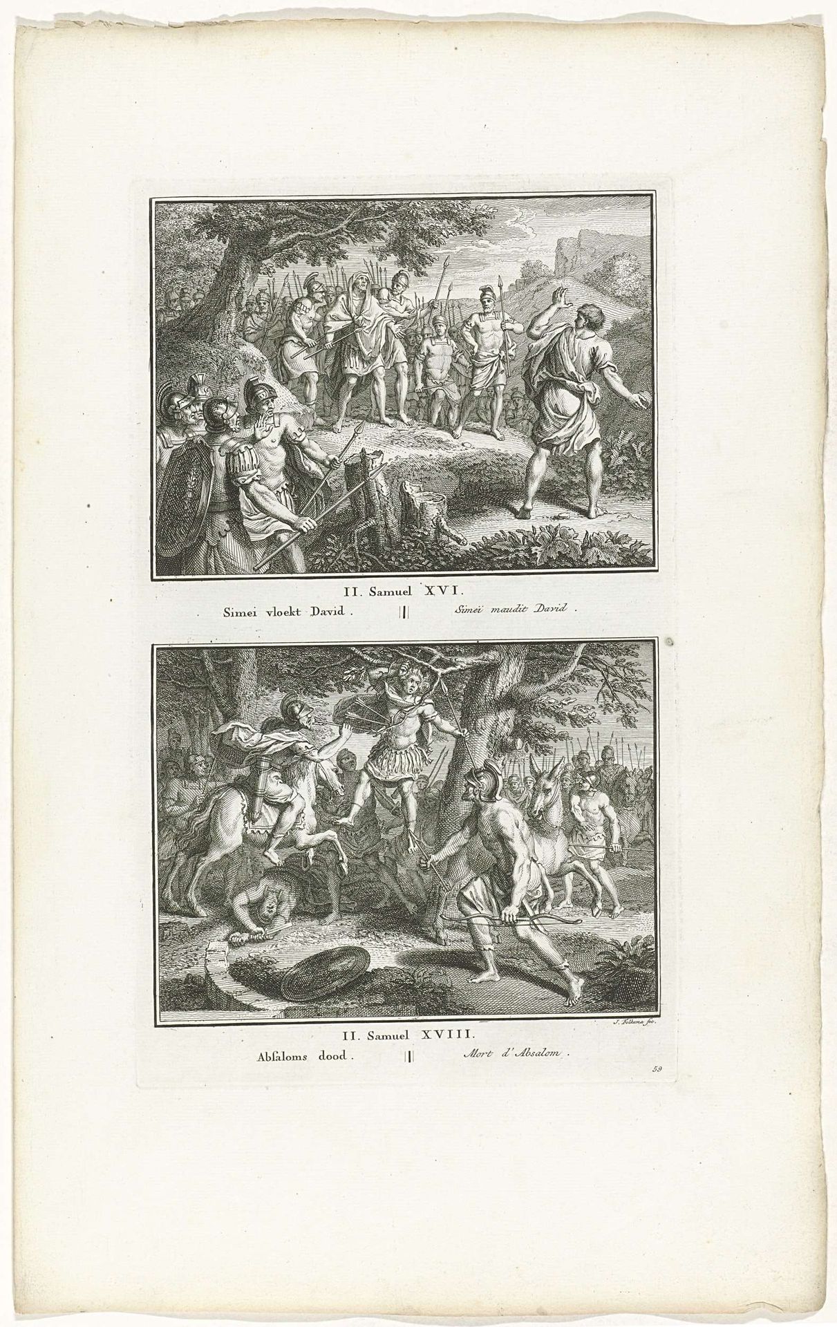 Simei vervloekt David en de dood van Absalom by Jacob Folkema