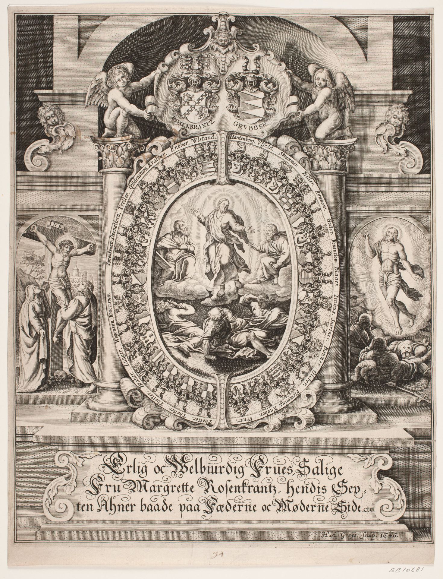 Christi forklarelse. Omgivet af Margrethe Rosenkrantz' aneskjolde by Hans Andreas Greys