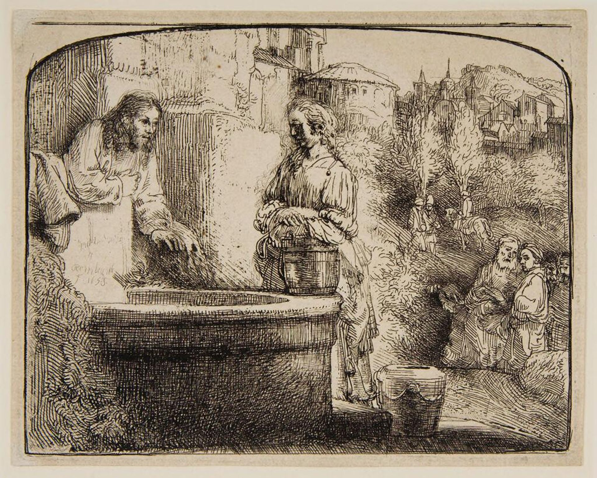 Christ and the Woman of Samaria: An Arched Print by Rembrandt van Rijn