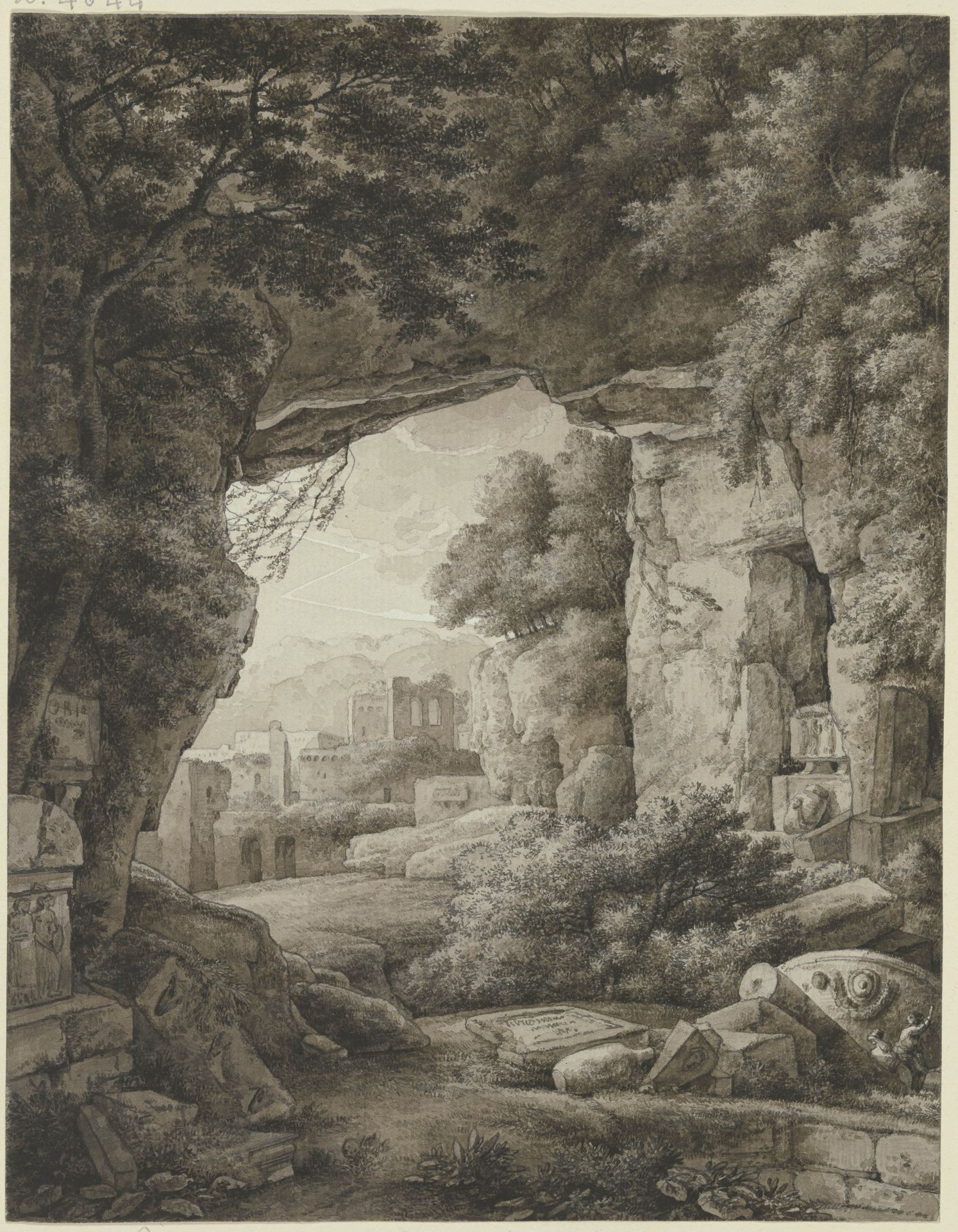 Felshöhle mit antiken Monumenten by Franz Kobell
