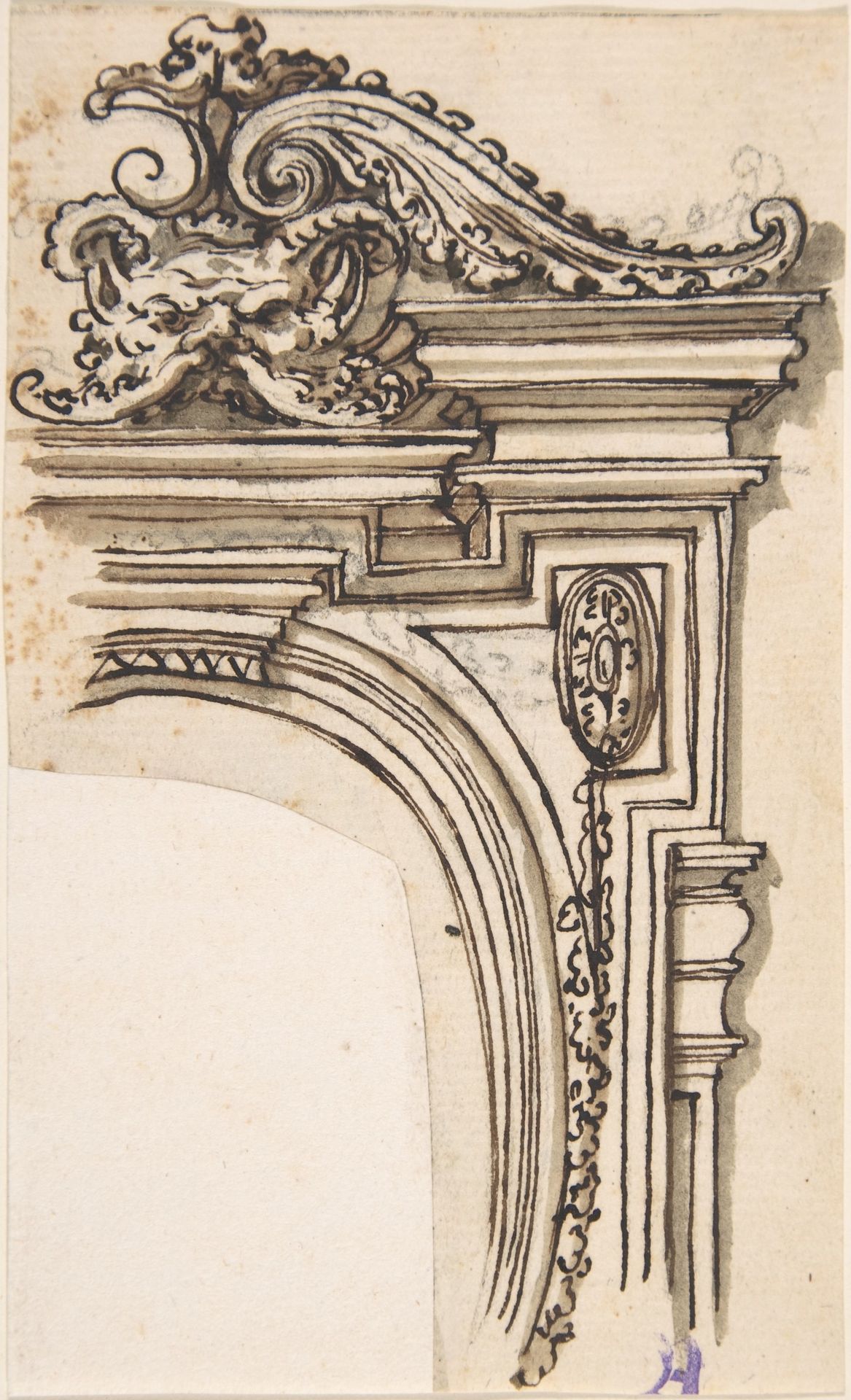 Fragment of Frame Design (Recto); Sketch of a Man's Head in Profile (Verso) by Anonymous