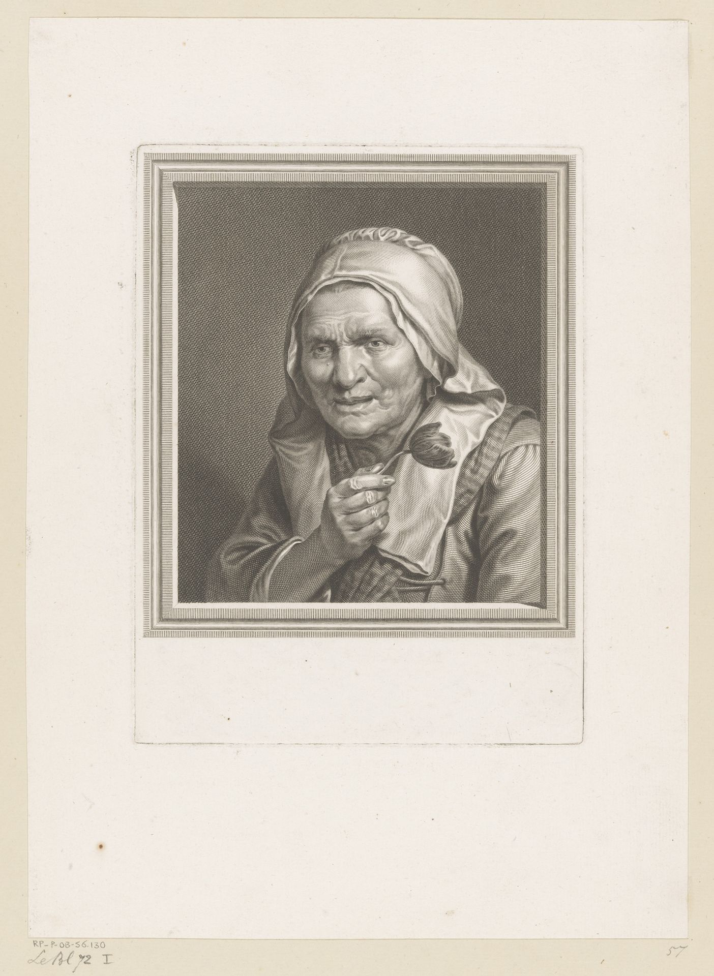 Oude vrouw met tulp in de hand by Johann Georg Wille