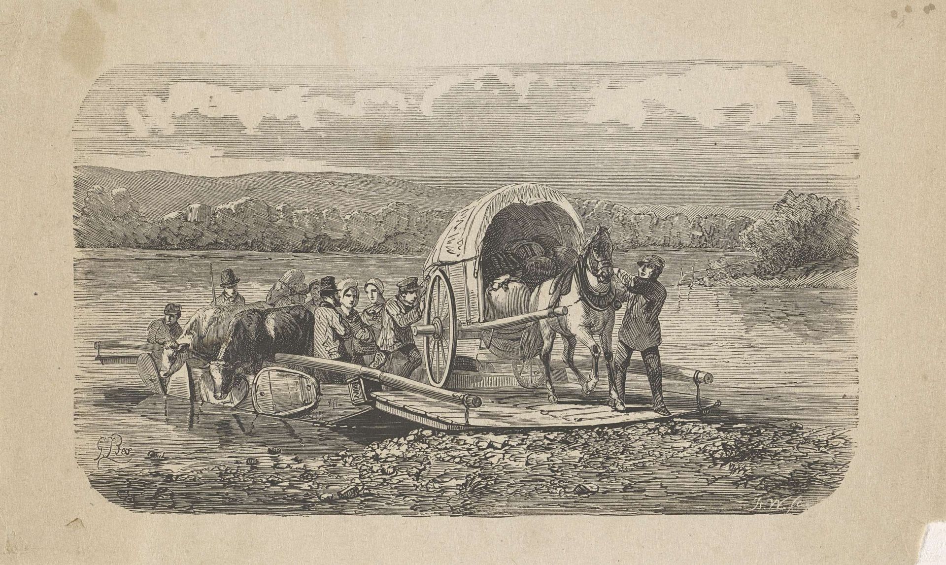 Arriverende pont met daarop mannen, vrouwen, twee koeien en een huifkar met een paard by Isaac Weissenbruch
