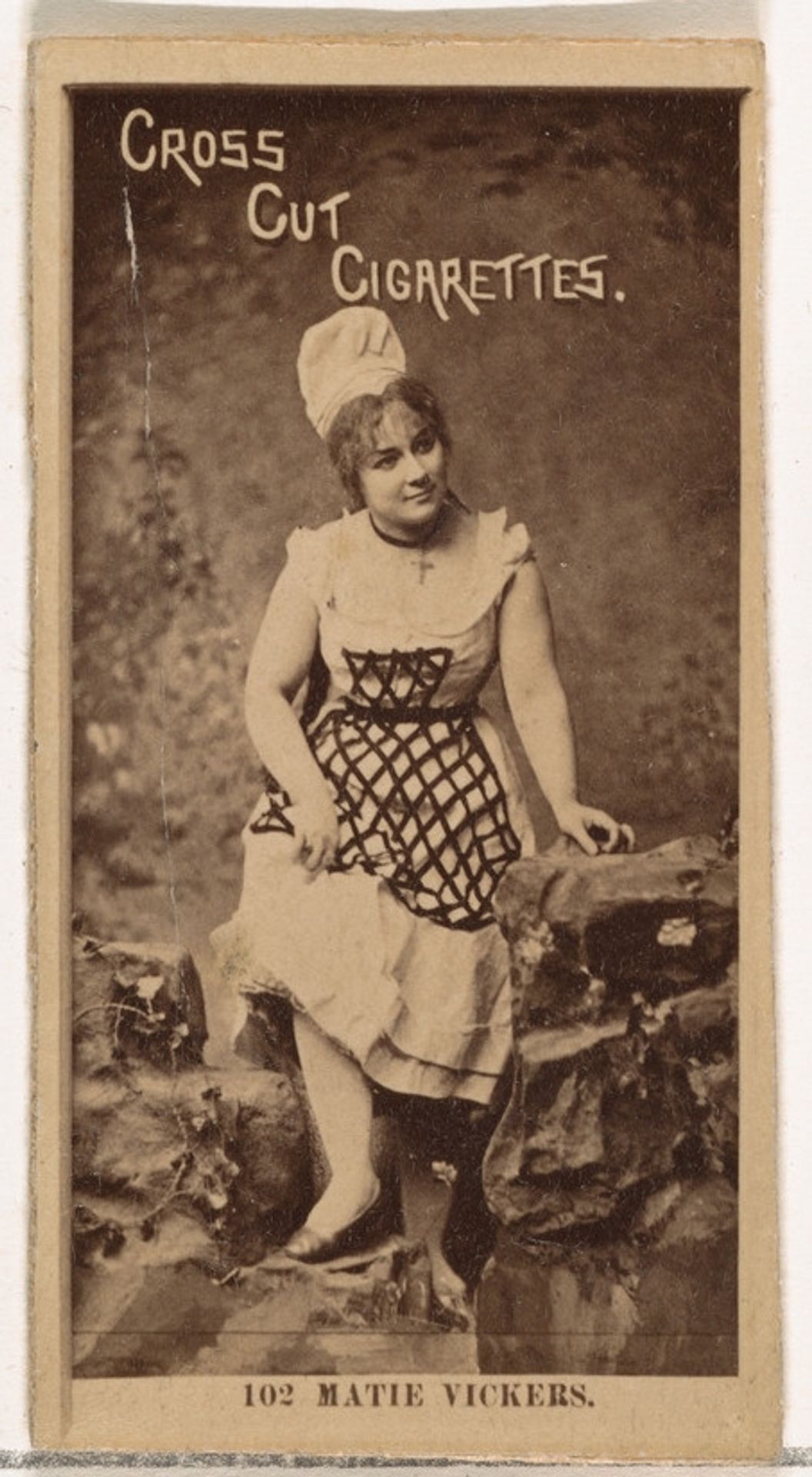Card Number 102, Miss Mattie Vickers, from the Actors and Actresses series (N145-2) issued by Duke Sons & Co. to promote Cross Cut Cigarettes by W. Duke, Sons & Co.
