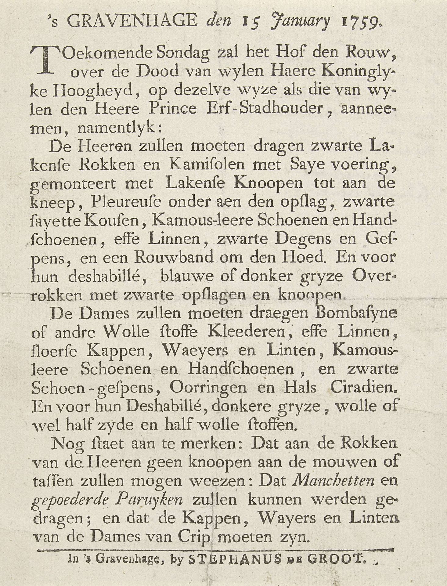 Bekendmaking over de te dragen kleding gedurende de rouwperiode na het overlijden van prinses Anna, 1759 by Stephanus de Groot