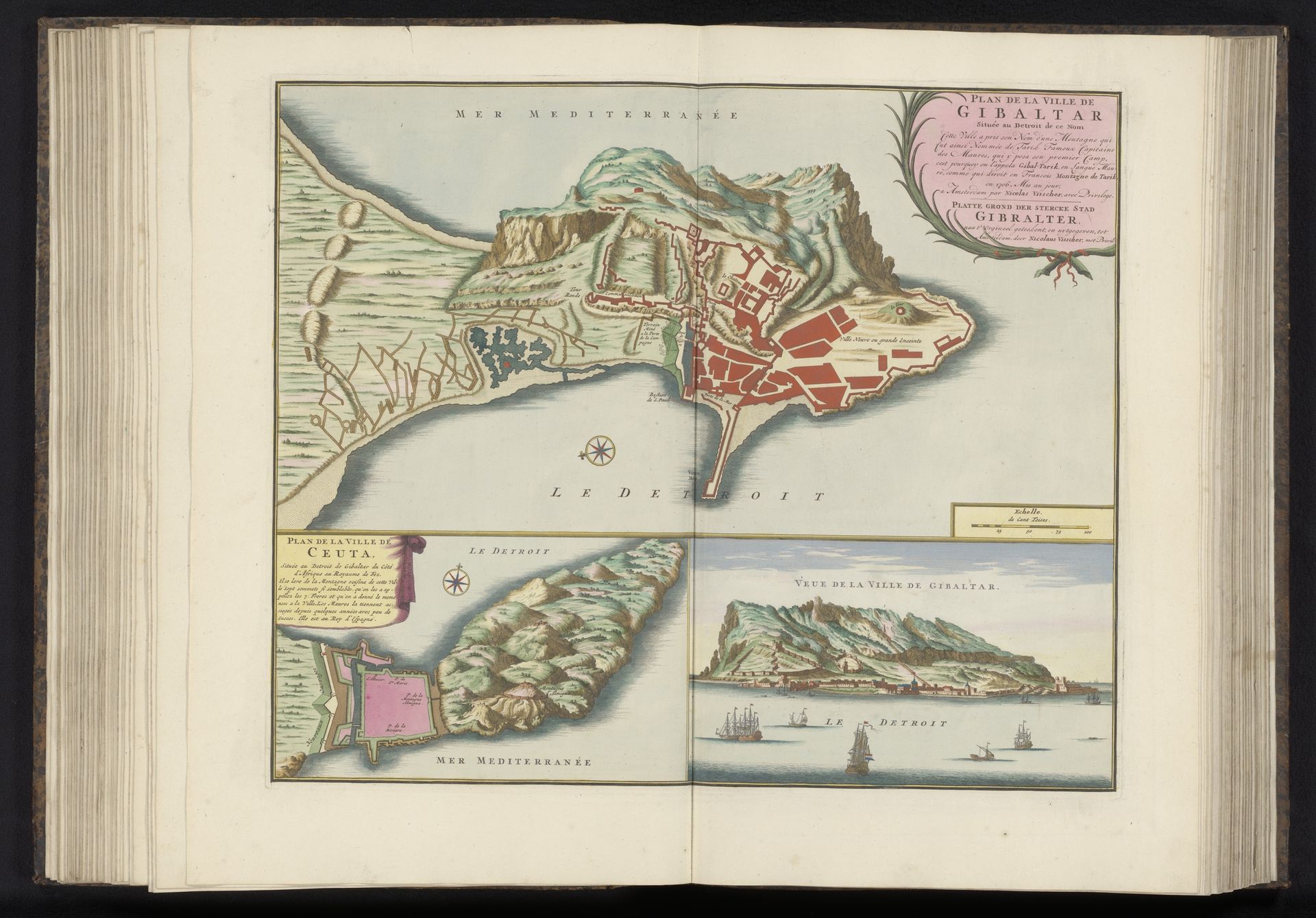 Plattegronden van Gibraltar en Ceuta en aanzicht van de stad Gibraltar by Nicolaes (II) Visscher