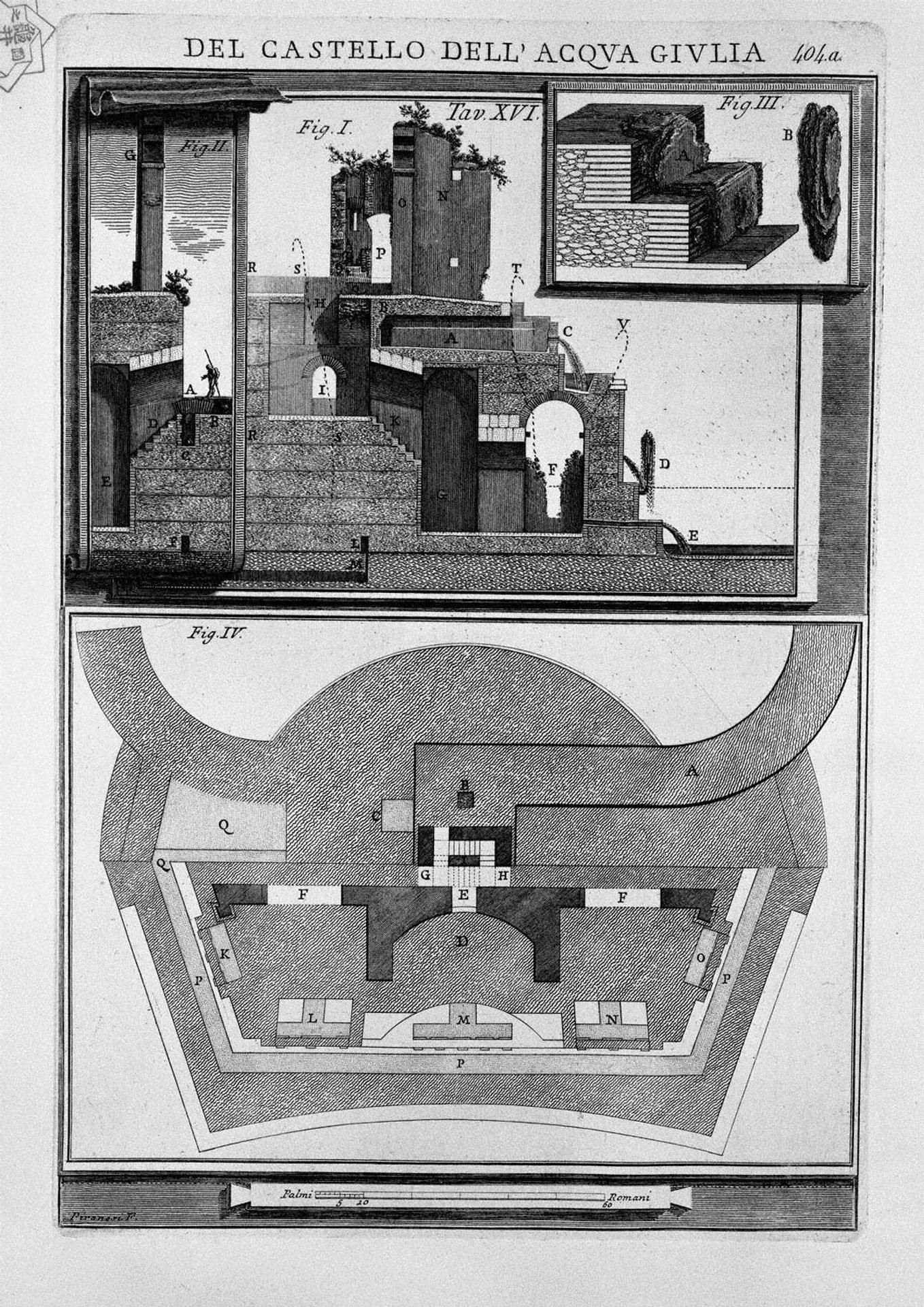Elevation of the inside wall of the ruins of the castle and the events of the external details related to the bed and fistulas water distribution by Giovanni Battista Piranesi
