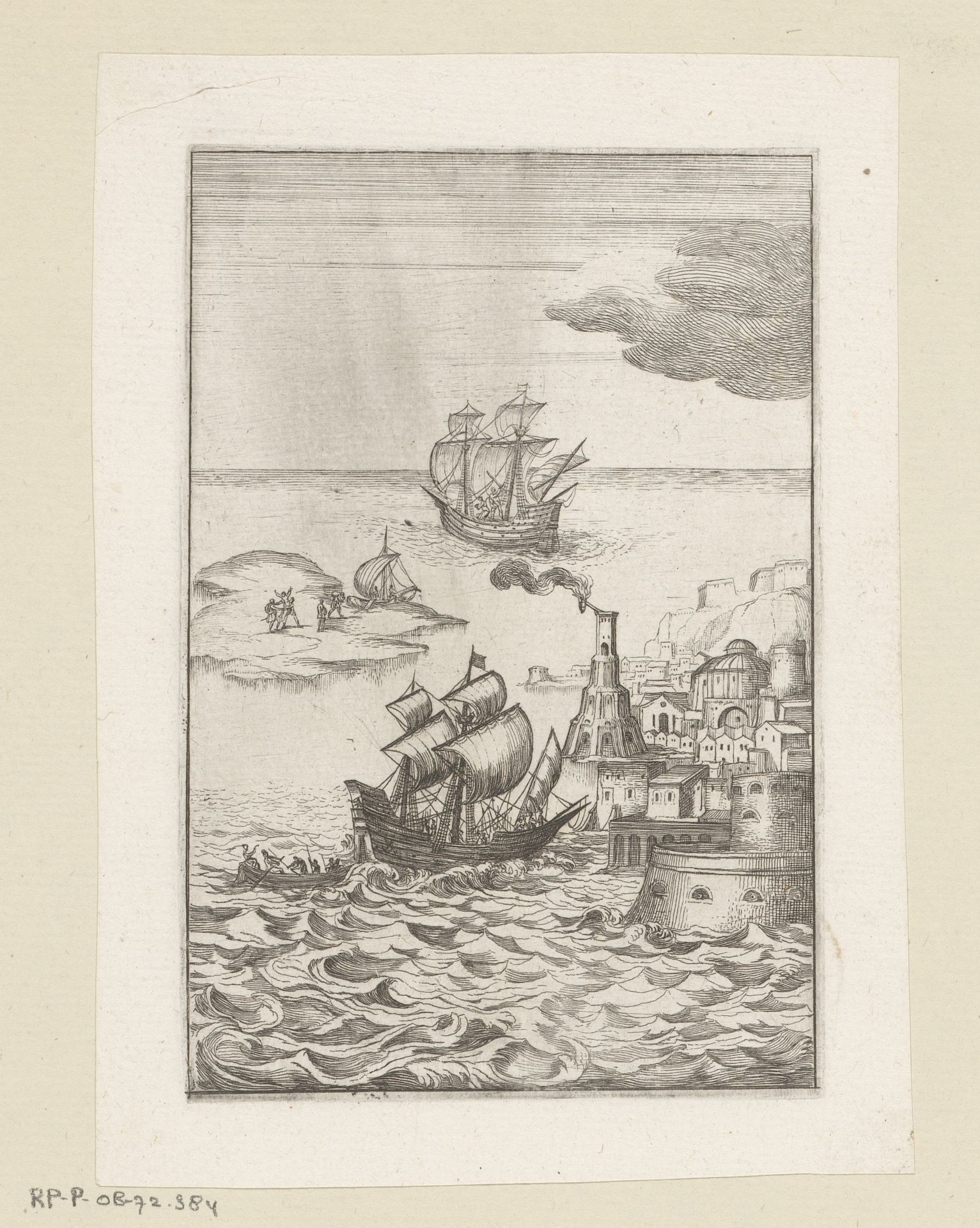 Zeegezicht met een eiland, schepen en een stad by Daniel Rabel