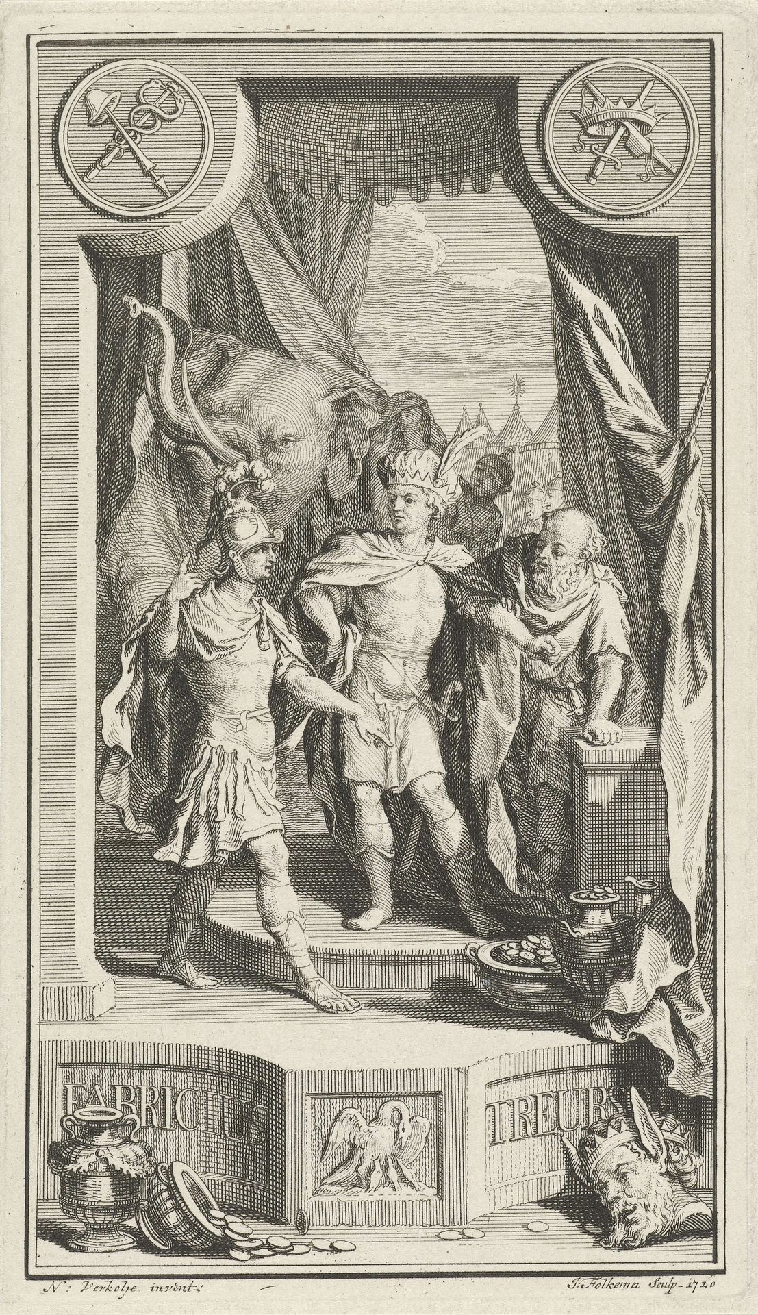 Pyrrhus toont Gaius Fabricius Luscinus een olifant by Jacob Folkema