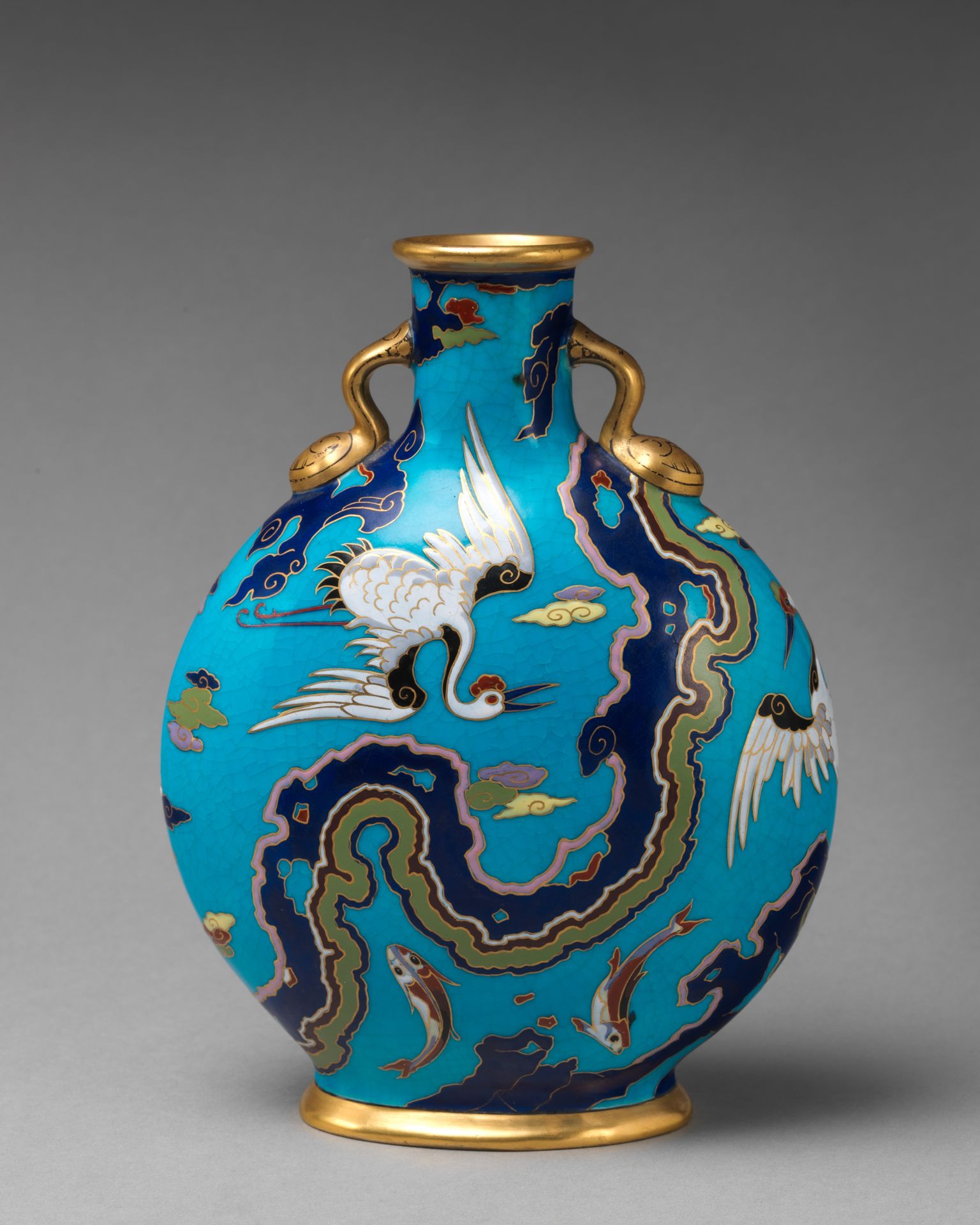 Moon flask with crane and fish motifs by Christopher Dresser