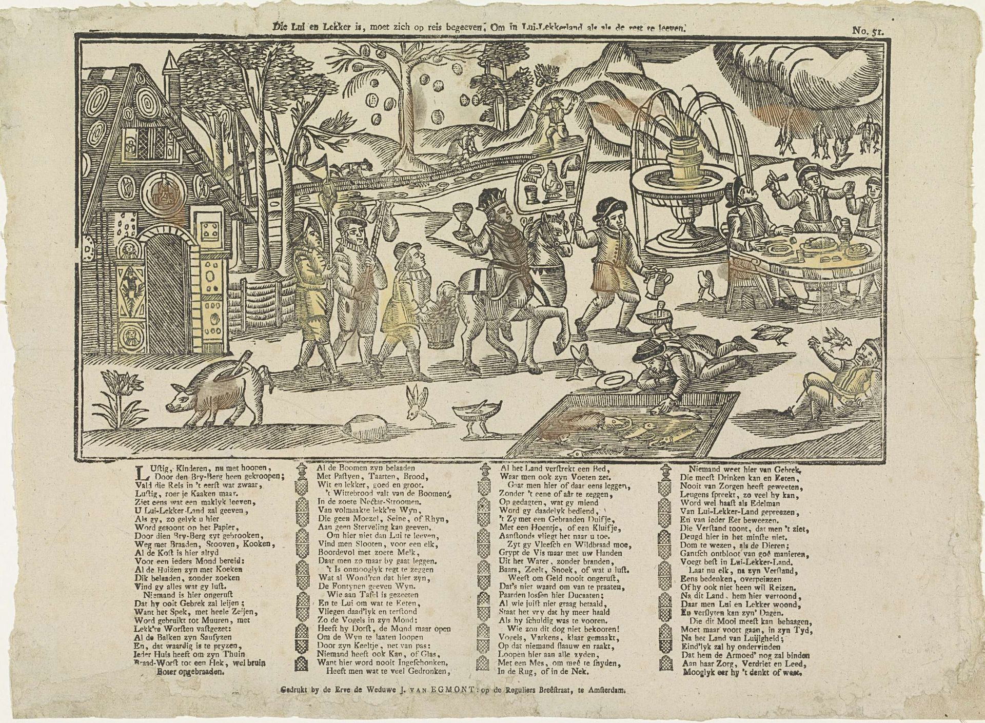 Die lui en lekker is, moet zich op reis begeeven, om in Luilekkerland als als de rest te leeven by Erven de Weduwe Jacobus van Egmont