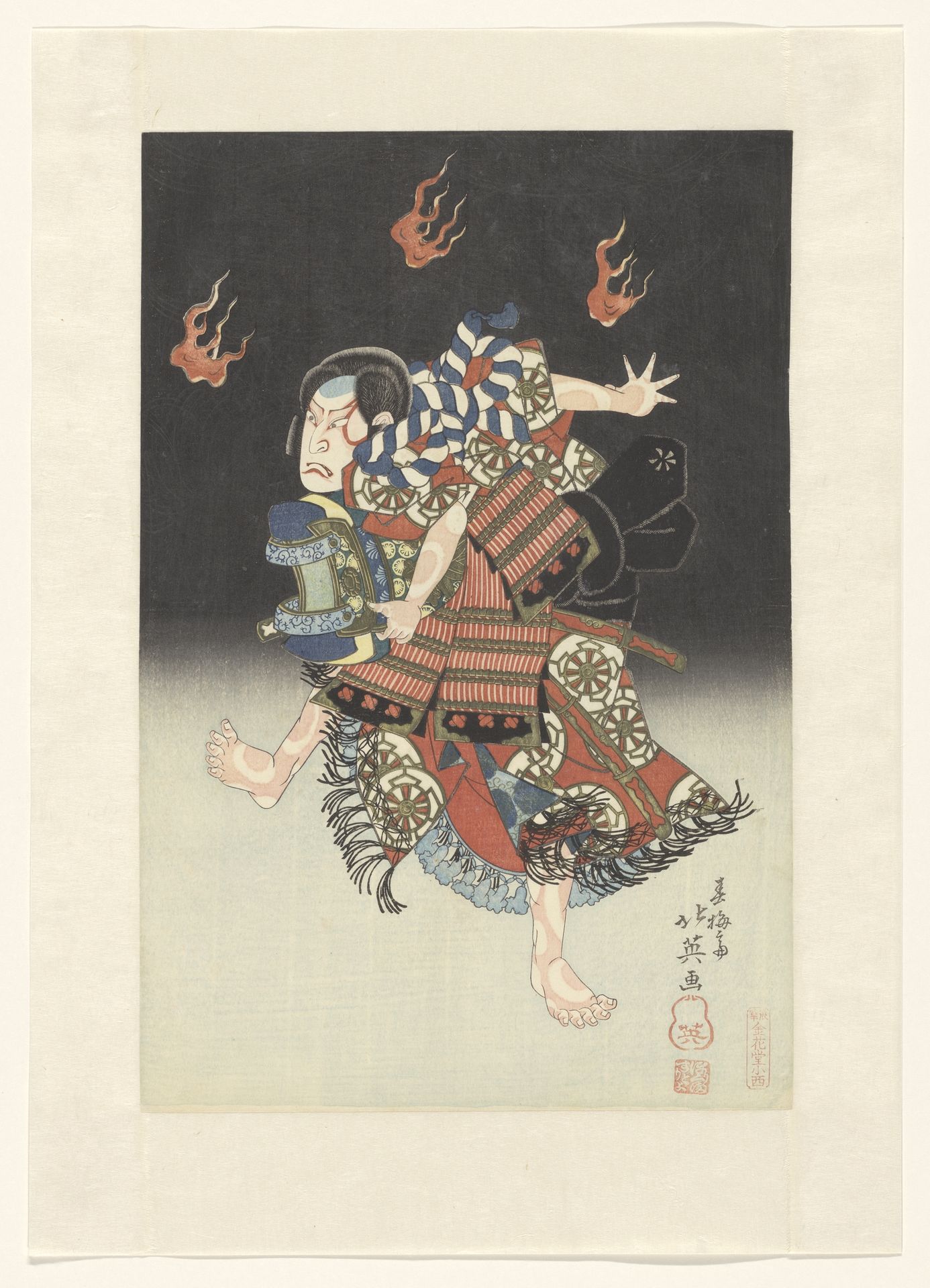 Nakamura Shikan II als de vos (kitsune) Genkurô in het toneelstuk ‘Hanayagura hitome senbon’, Naka Theater by Shunbaisai Hokuei 春梅斎北英