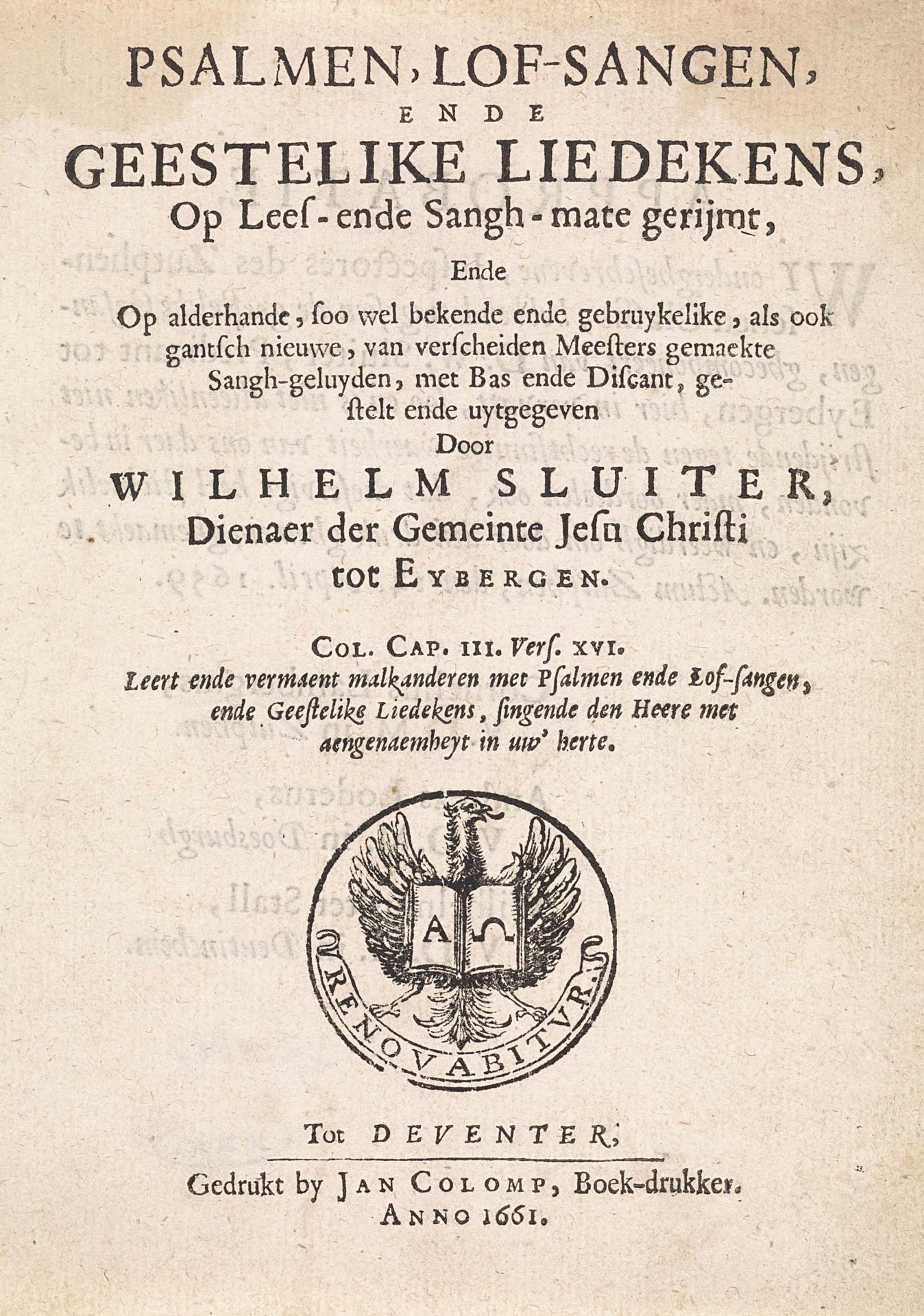 Titelpagina voor: Willem Sluiter, Psalmen, lof-sangen, ende geestelike liedekens, 1661 by Jochem van Stegeren
