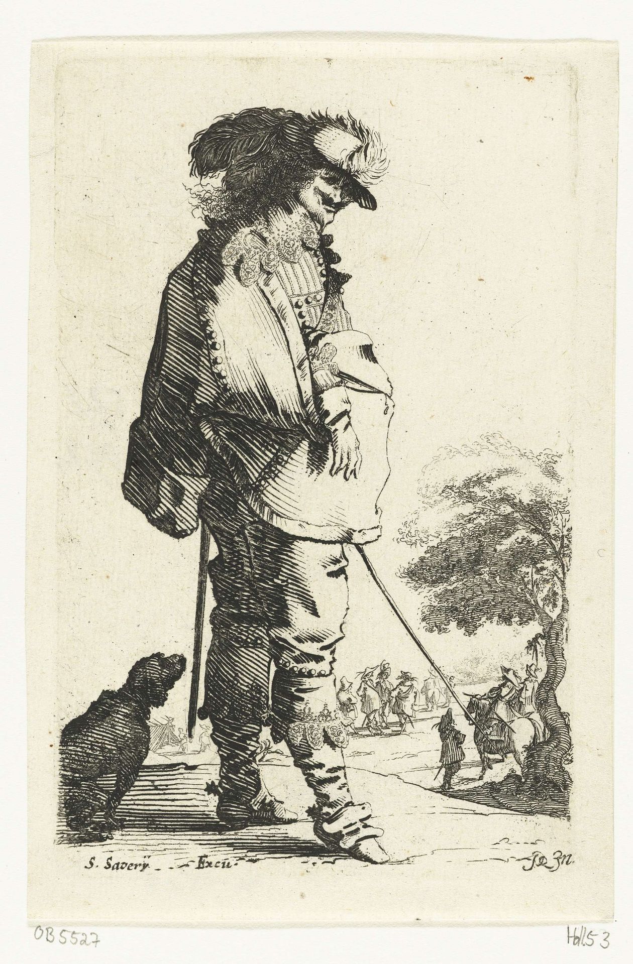 Staande cavalier met stok, achter hem een hond by Salomon Savery