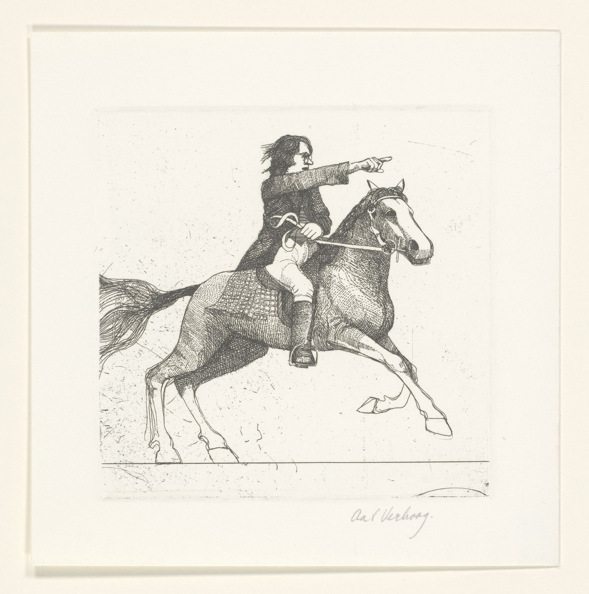Wijzende man op galloperend paard by Aat Verhoog