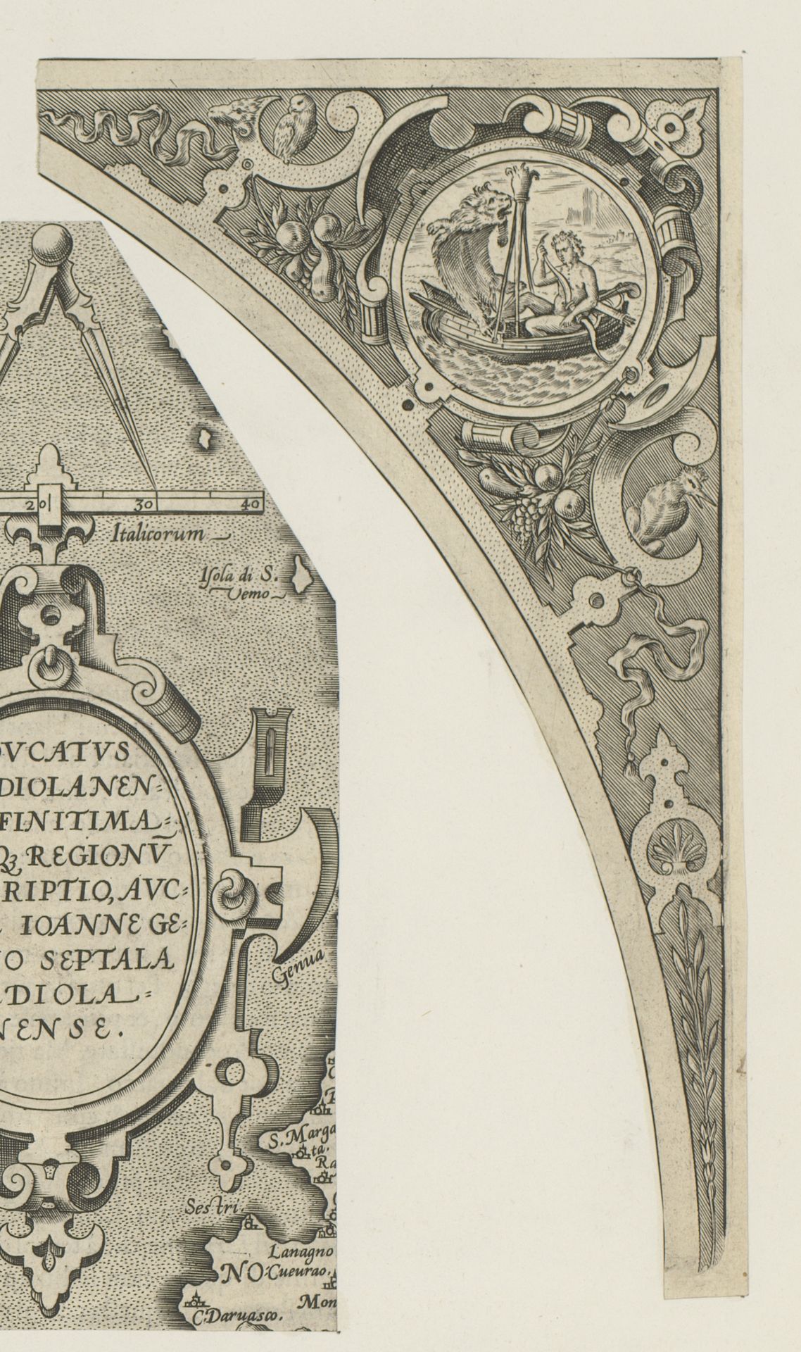 Hoekornament met Hercules in een boot by Anonymous