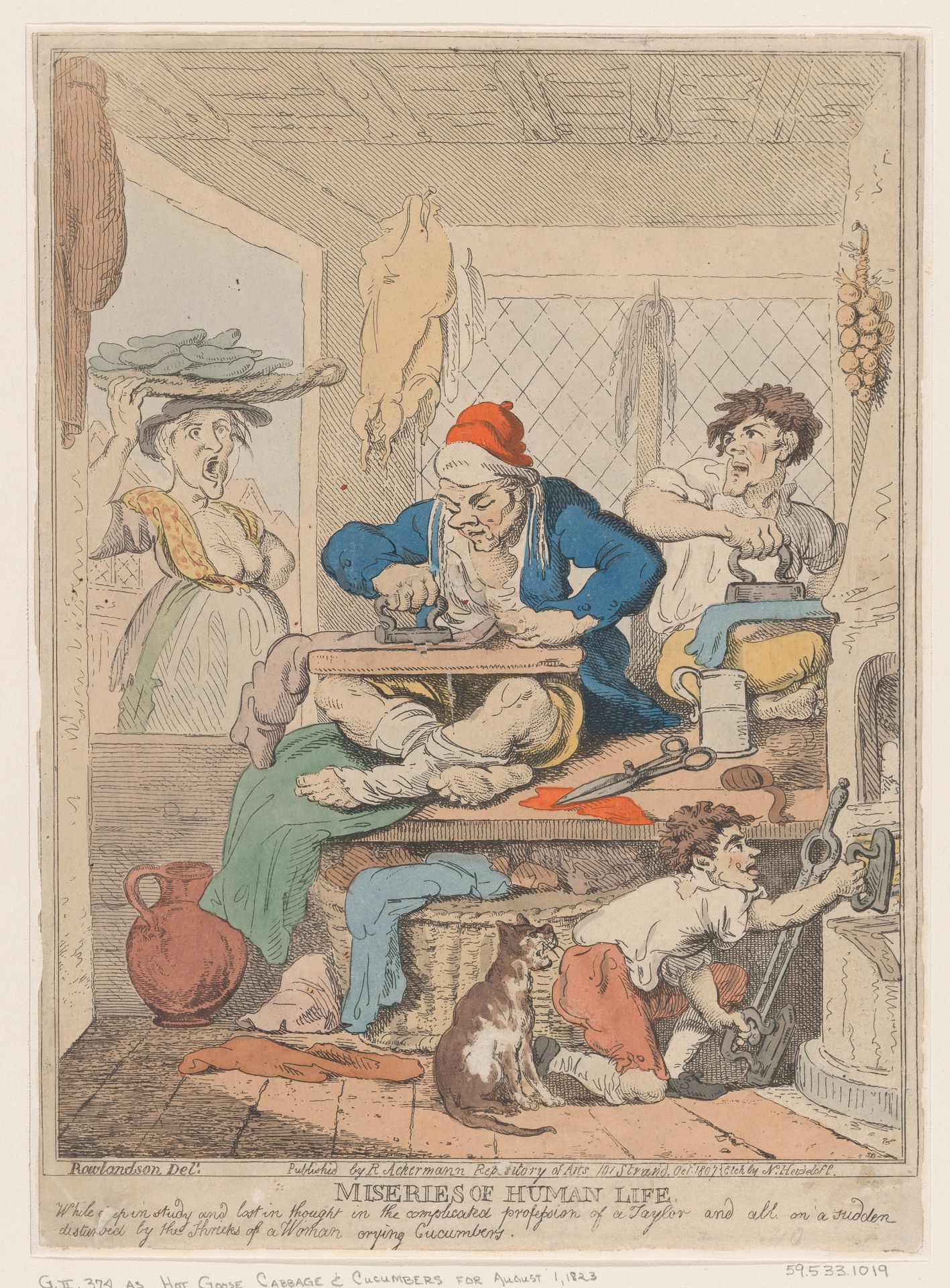 Miseries of Human Life: While Deep in Study and Lost in Thought in the Complicated Profession of a Taylor and All on a Sudden Disturbed by the Shrieks of a Woman Crying Cucumbers by Nicolaus Heideloff