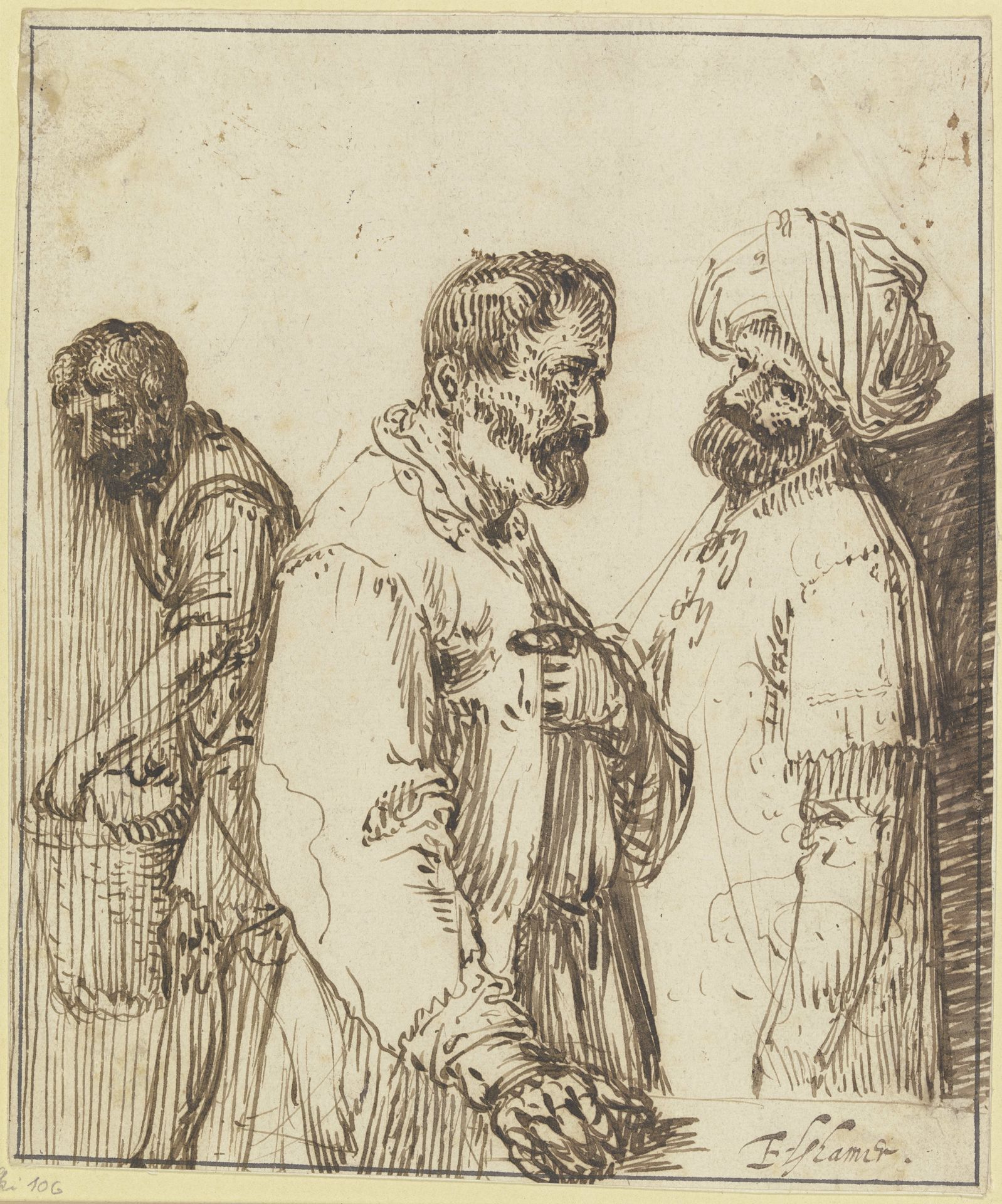 Mann und Türke, dahinter Knecht mit Korbe by Adam Elsheimer