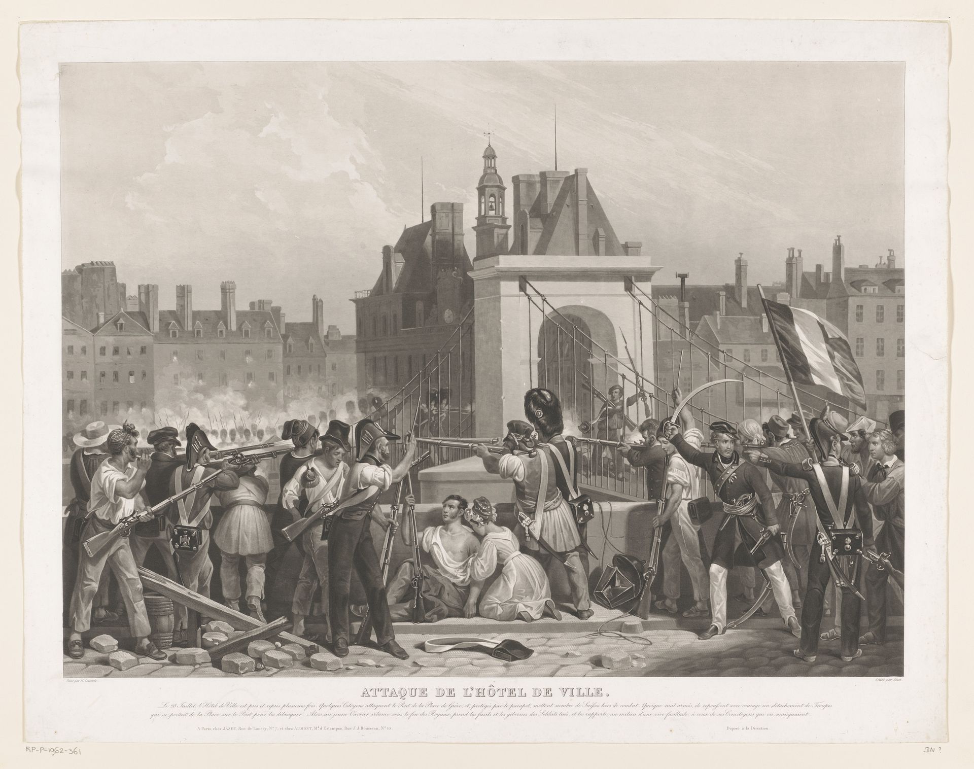 Aanval op het stadhuis tijdens de Julirevolutie by Jean Pierre Marie Jazet