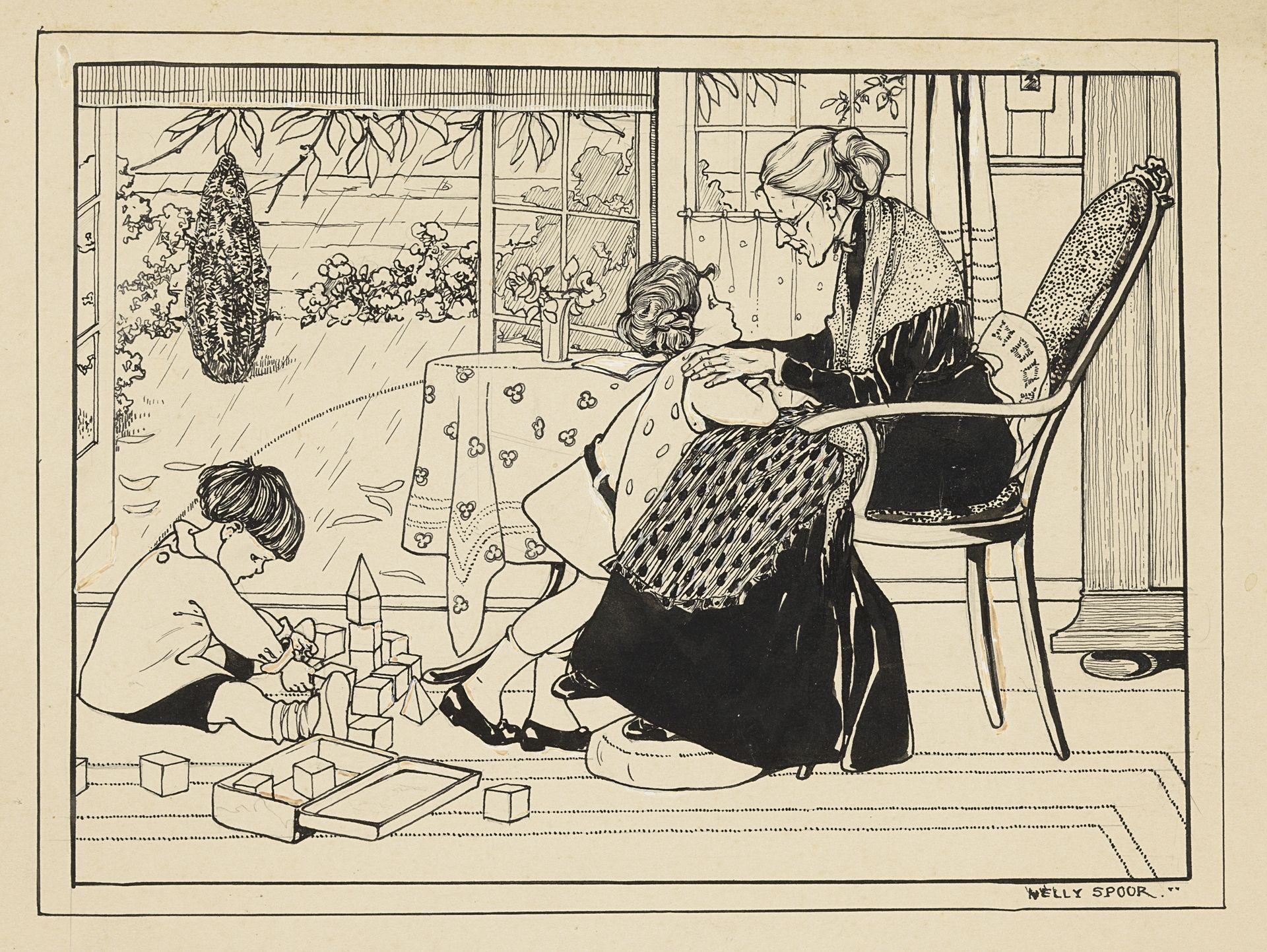 Twee kinderen en een oude vrouw in een interieur by Nelly Spoor