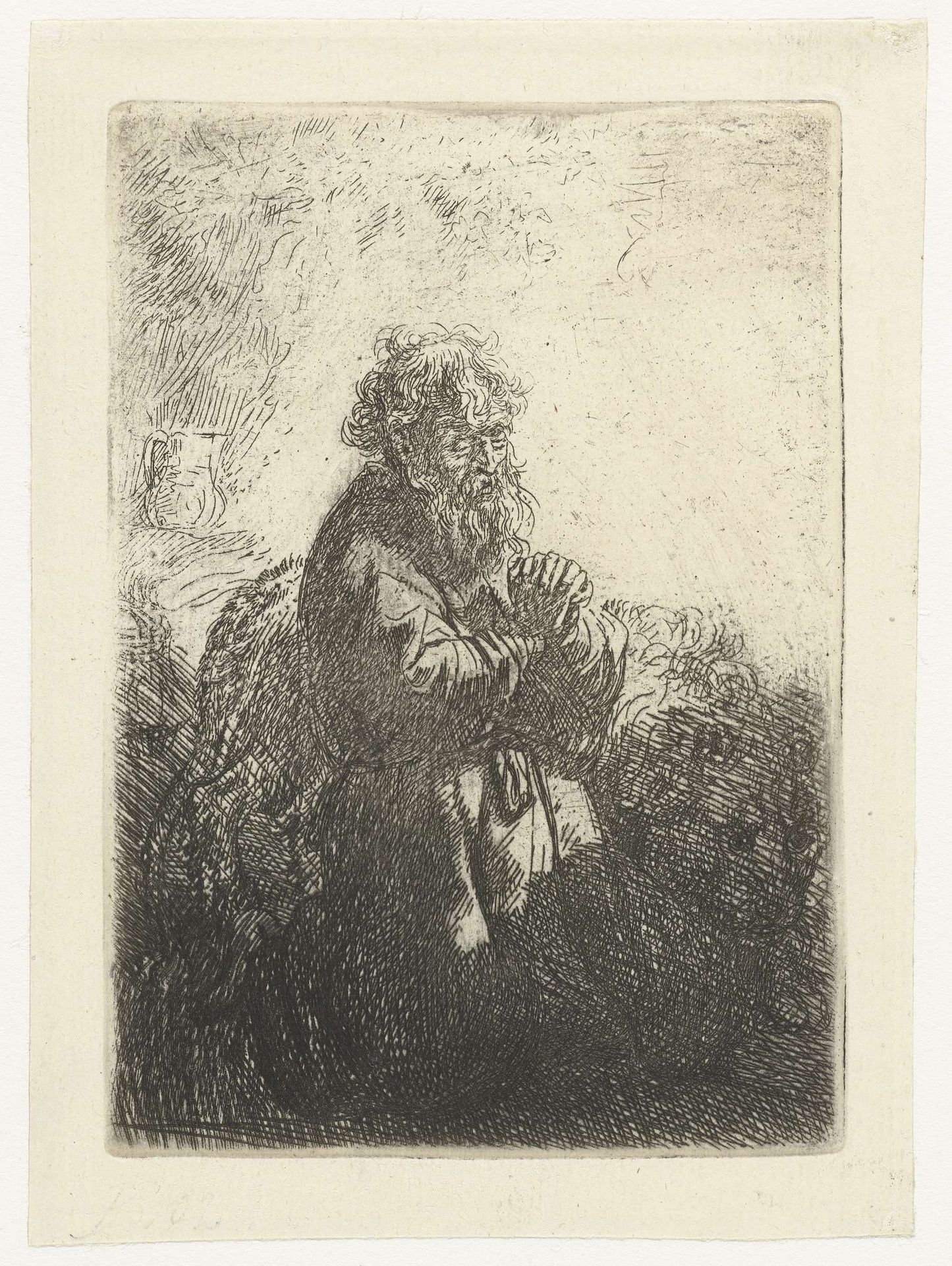 St Jerome kneeling in prayer, looking down by Rembrandt van Rijn
