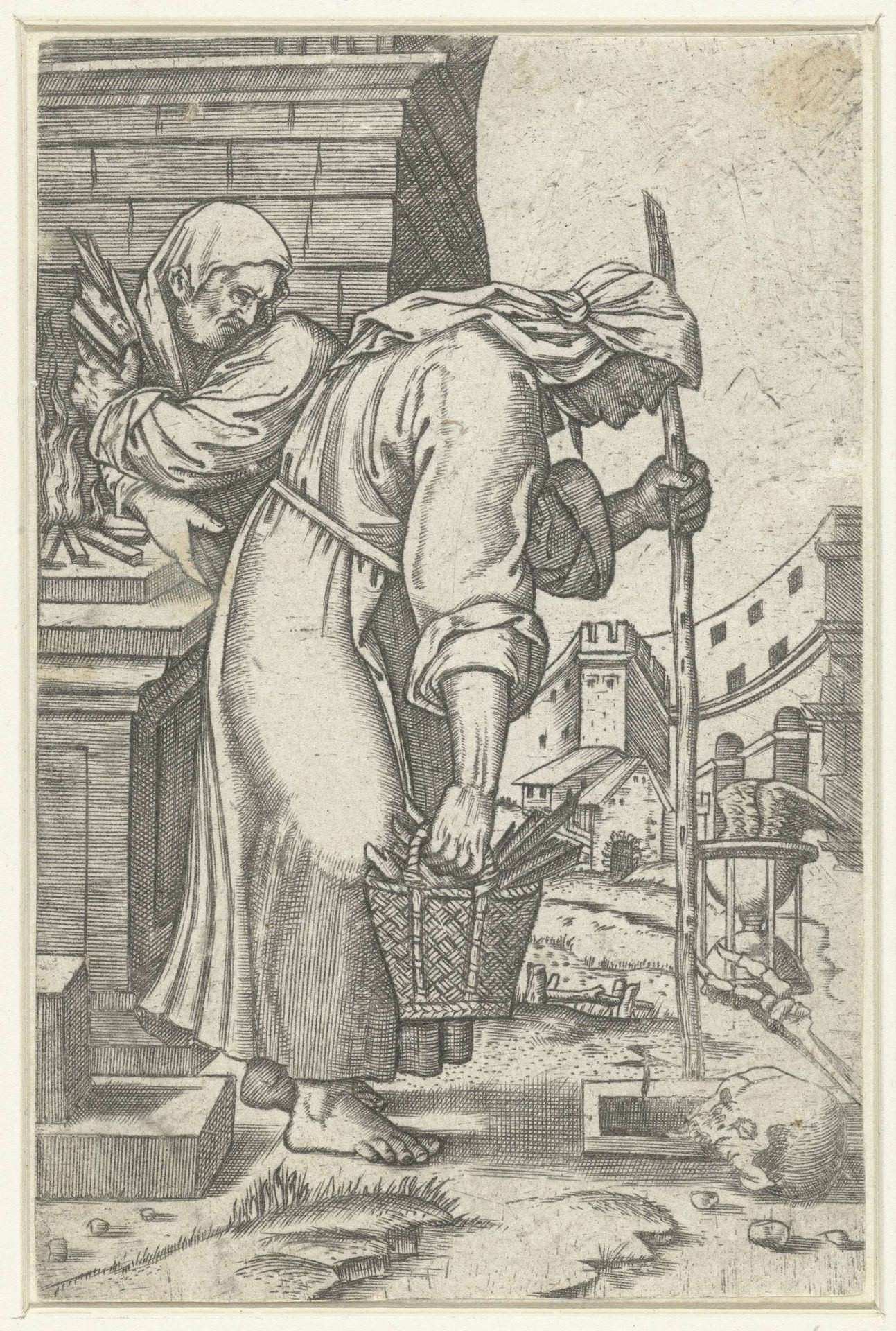 Oude vrouw nadert haar graf by Marcantonio Raimondi