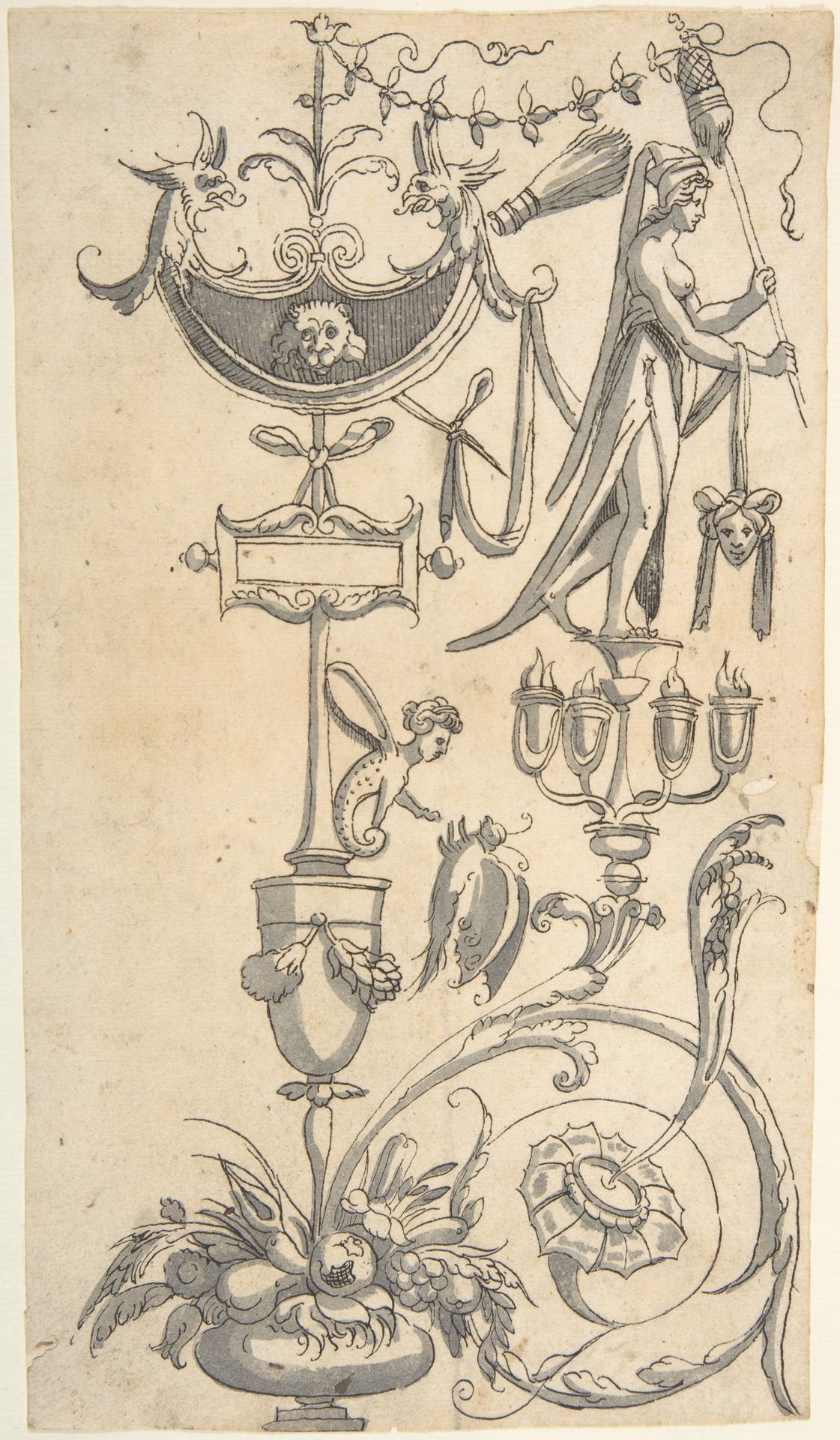 Candelabra Grotesque with a Vase with Fruit and an Amazon Shield by Anonymous