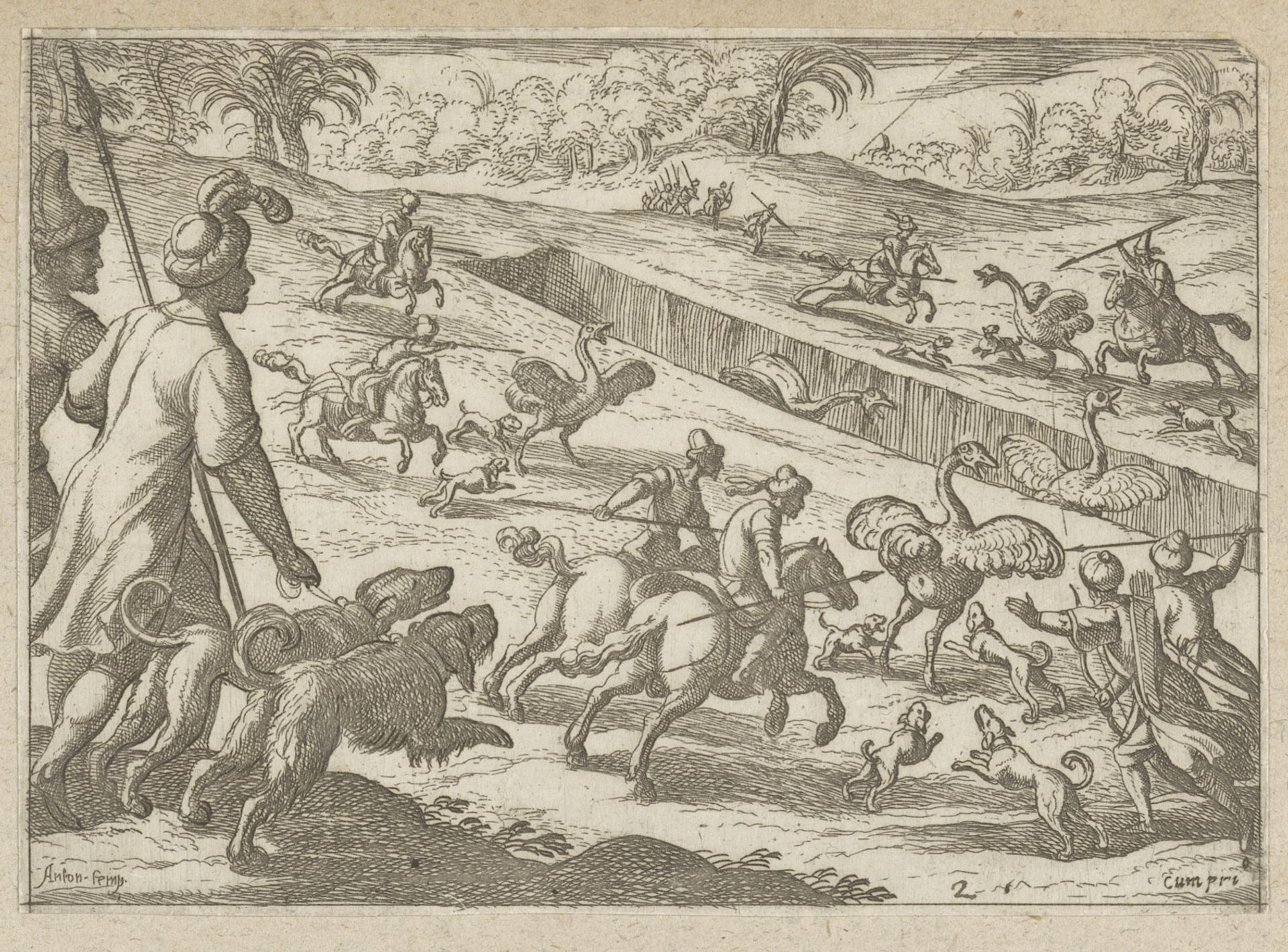 Jagers jagen struisvogels in een kuil by Antonio Tempesta
