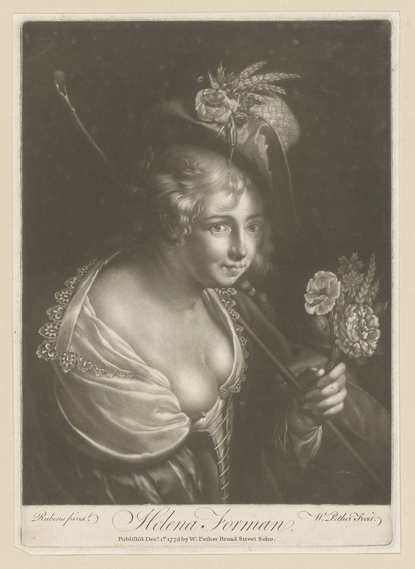 Portret van Helena Fourment als herderin met bloemen, staf en decolleté by William Pether