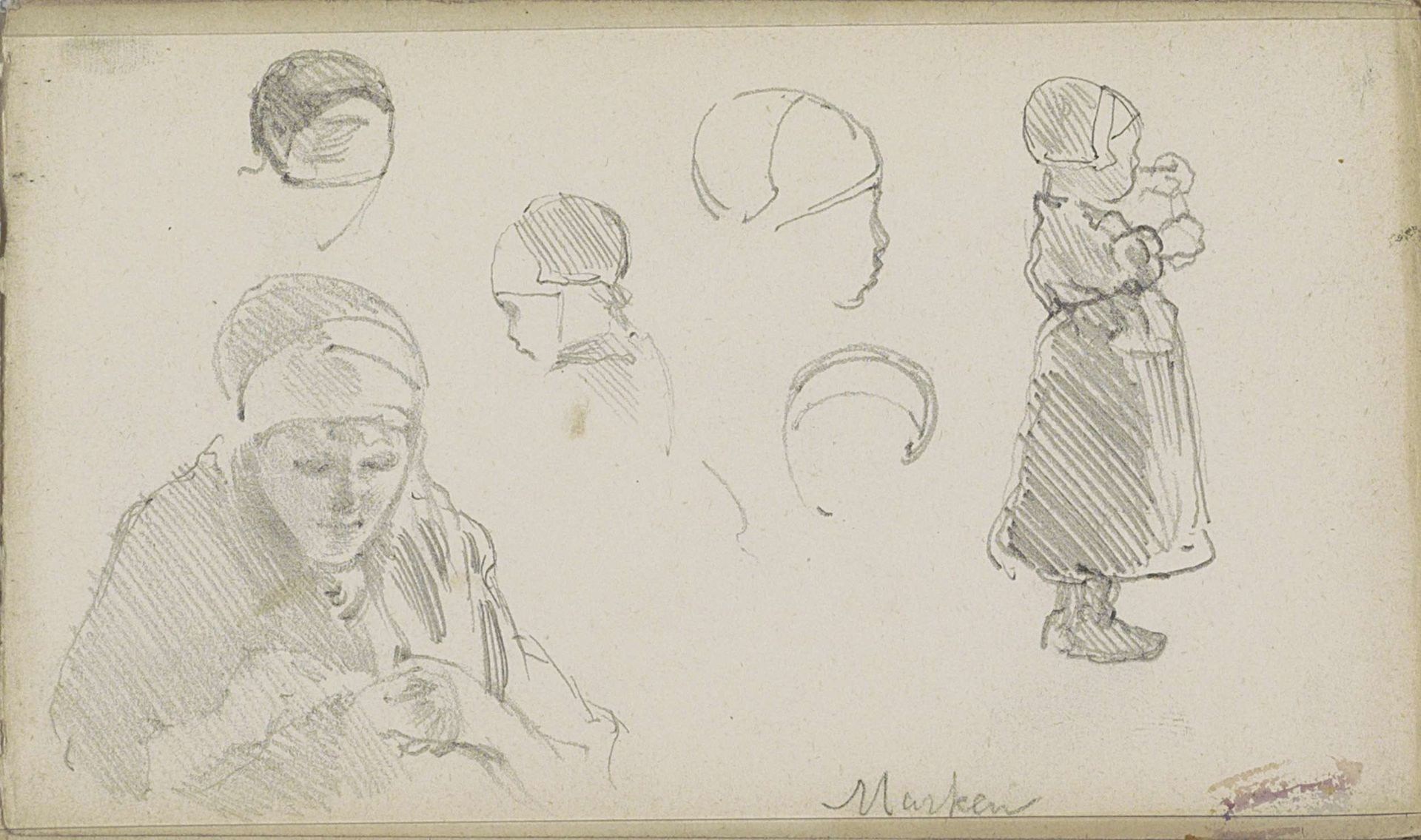 Handwerkende Marker vrouw en een meisje met een pop by George Clausen