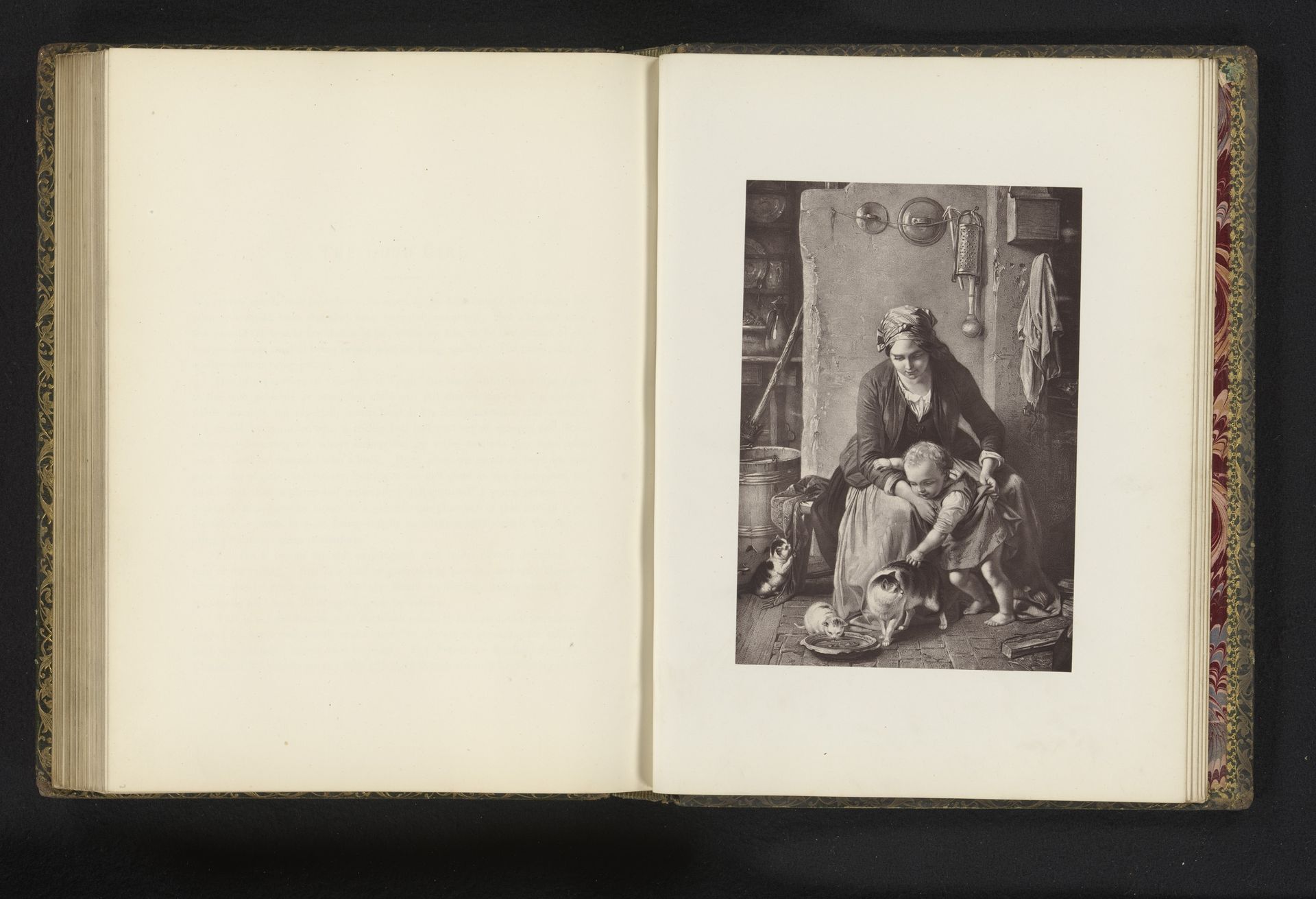 Fotoreproductie van een gravure naar een schilderij van moeder met kind en poezen in keuken by Godfrey Wordsworth Turner