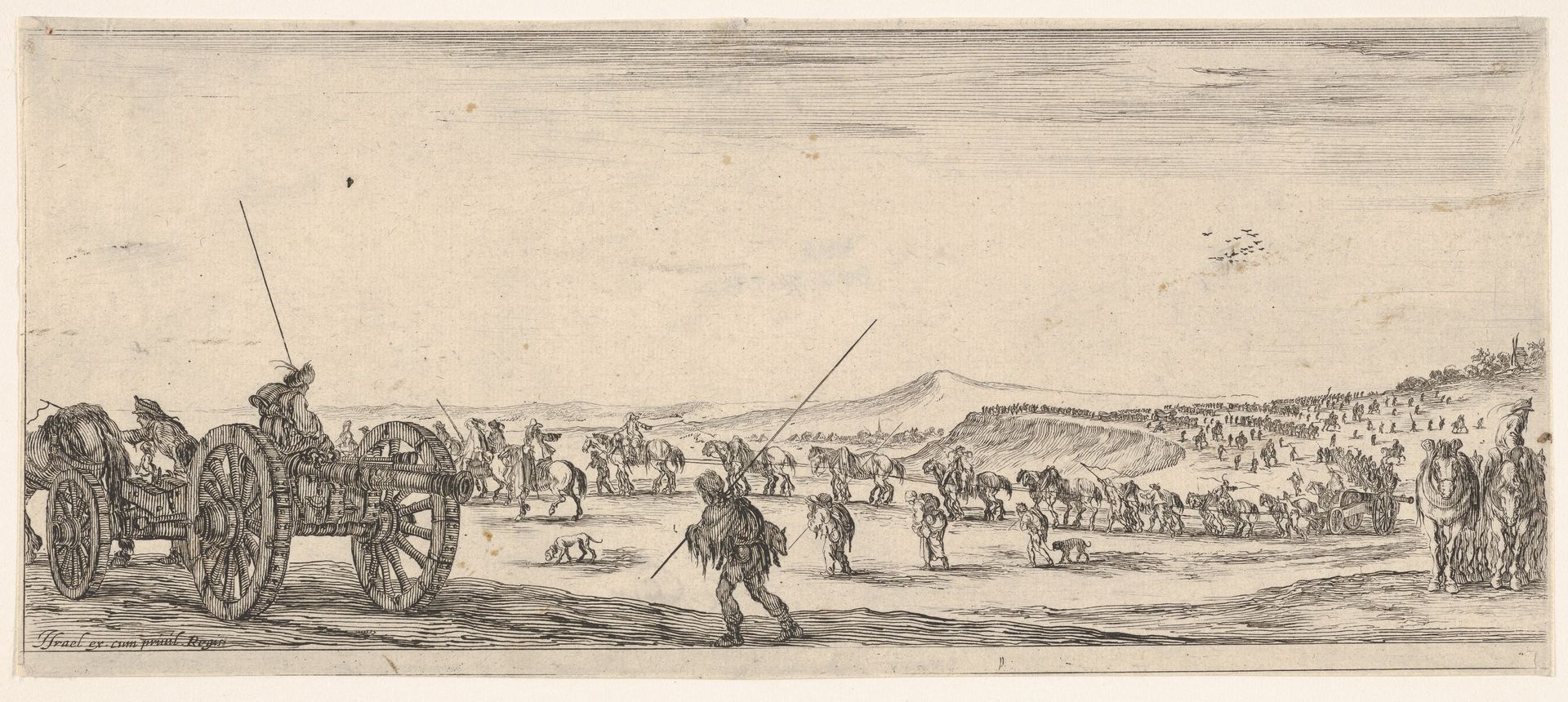 A procession of horsemen and cannons in the middle ground walking to the left, a cannon and two men to left, from 'Peace and War' (Divers desseins tant pour la paix que pour la guerre) by Stefano della Bella