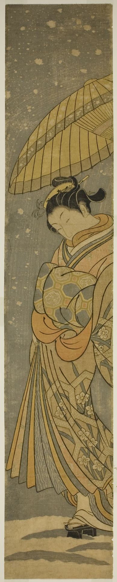 Courtesan on Parade in Falling Snow by Suzuki Harunobu 鈴木春信
