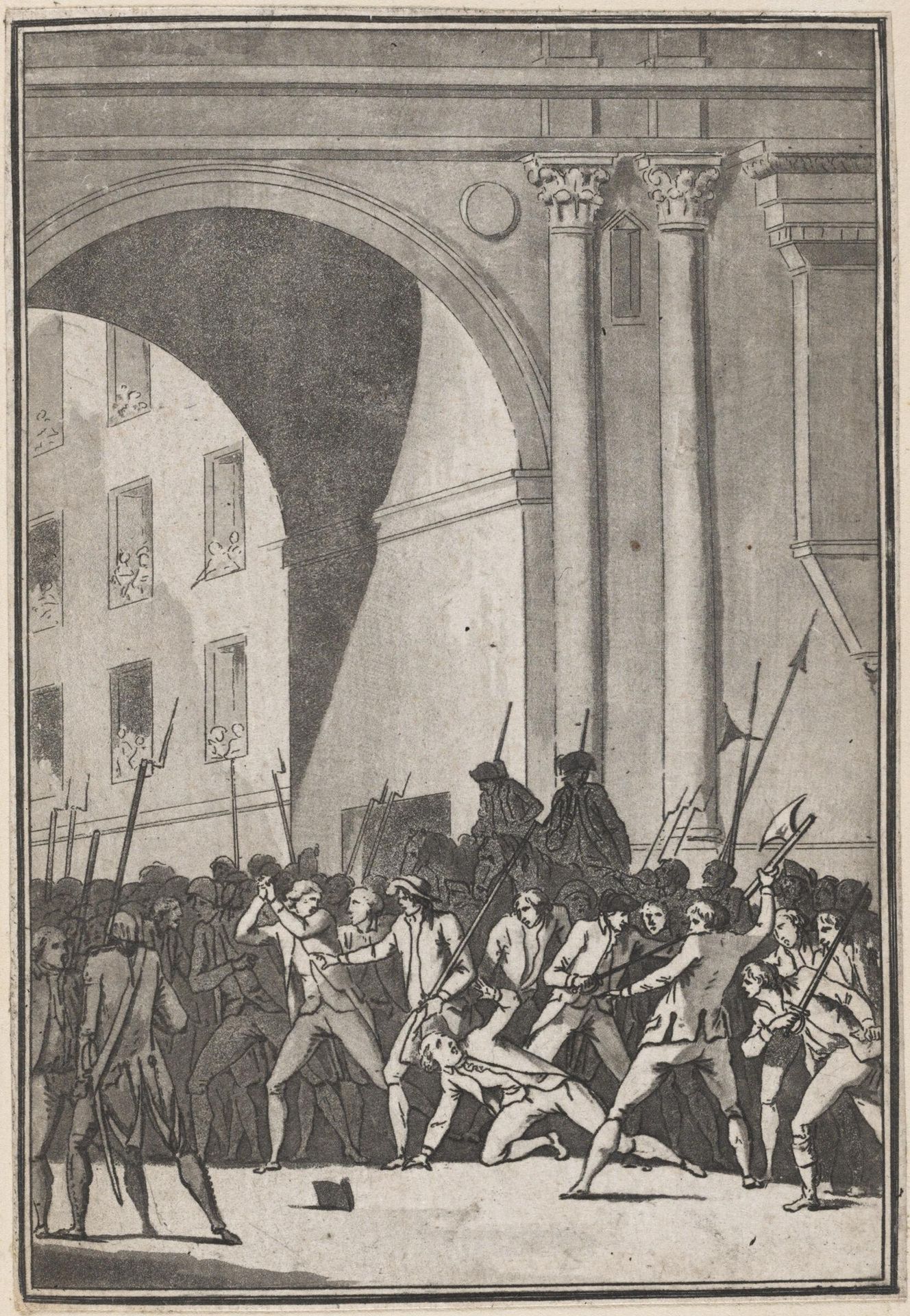 The Marquis de Pellepont, Wanting to Wrest the Major of the Bastille from the Hands of the People, Is Himself Close to Being Killed by the Hatchet Blows of a Relentless Man (14 July 1789) by Jean François Janinet