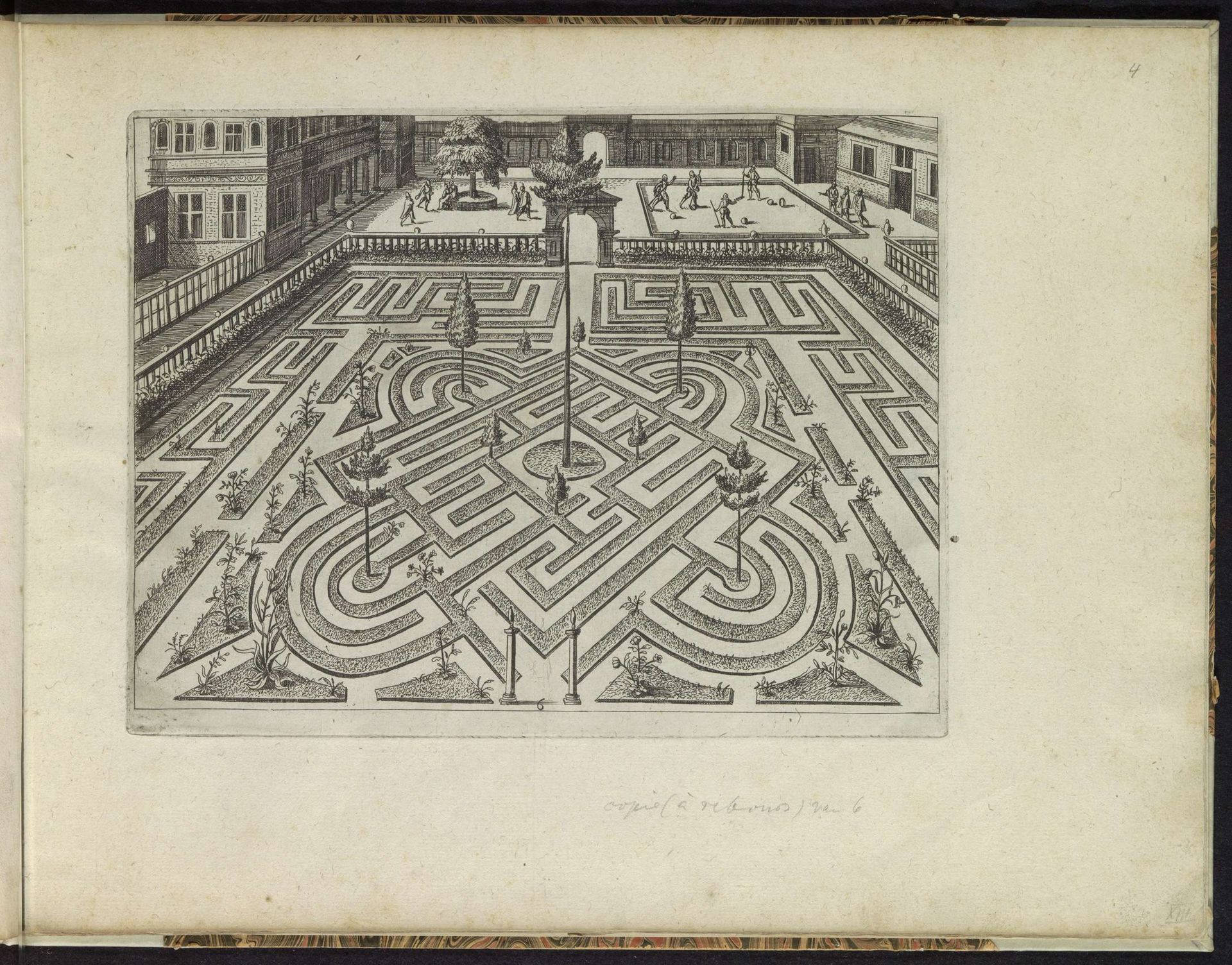 Tuin met geometrische parterre en kolfspelers by Anonymous