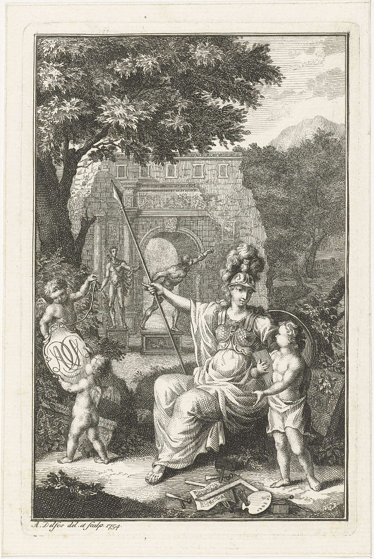 Allegorie met Minerva als patrones van de kunsten by Abraham Delfos